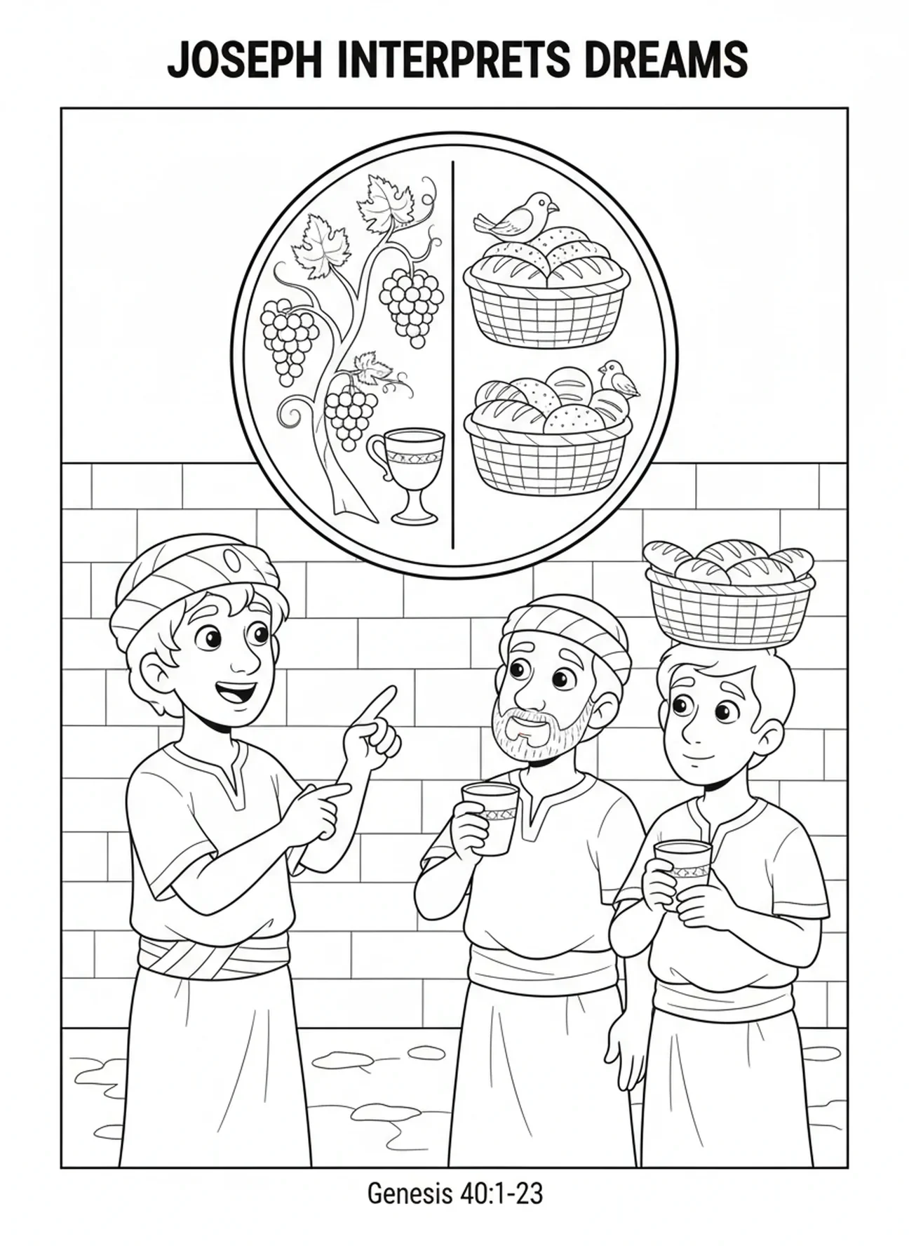 Josef deutet Träume für zwei Gefangene, Ausmalbild von Josef im Haus Potiphars für Kinder im Alter von 5-10 Jahren.