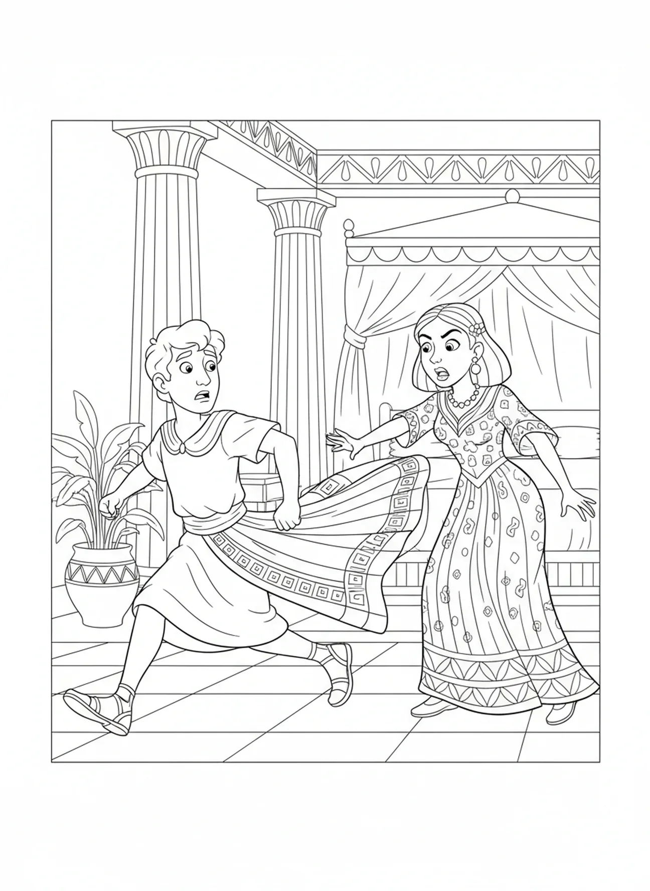 Joseph läuft weg und lässt seinen Mantel fallen, Ausmalbild von Joseph im Haus des Potiphar für Kinder im Alter von 5-10 Jahren.
