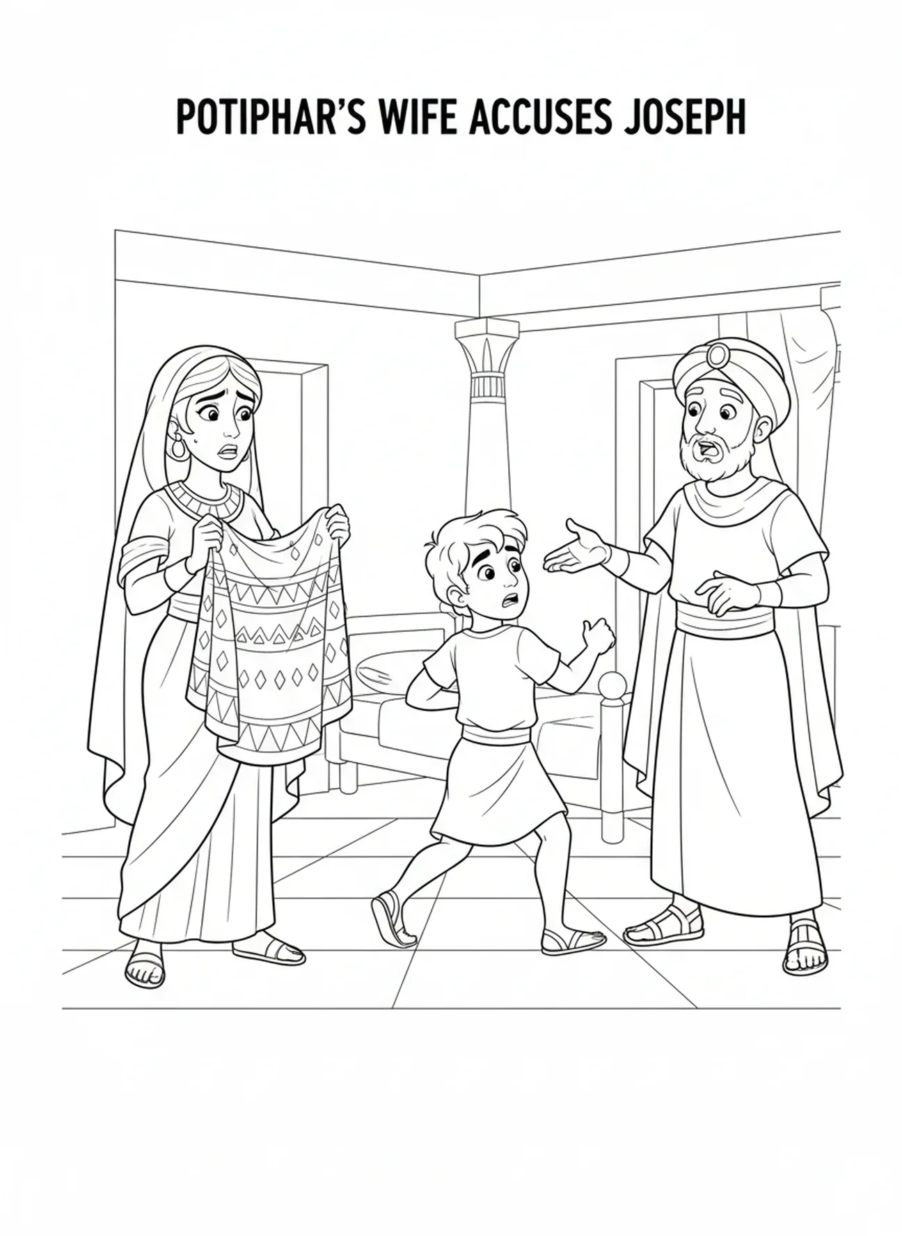 Die Frau Potiphars hält Josephs Gewand, Potiphar hört zu, Ausmalbild von Joseph im Haus Potiphars für Kinder im Alter von 5-10 Jahren.