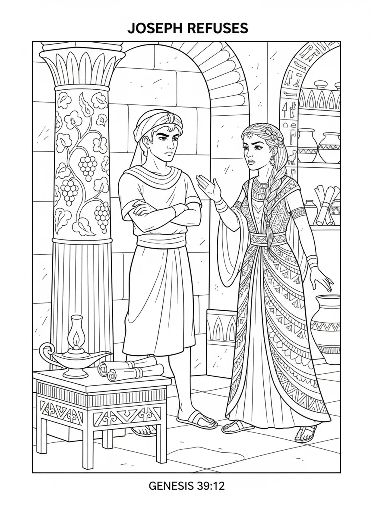José rechazando a la esposa de Potifar, página para colorear de José en la casa de Potifar para niños de Escuela Dominical de 5 a 12 años.