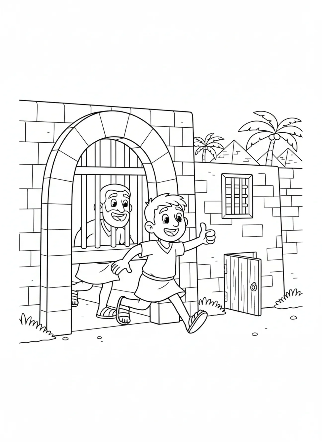 Der Mundschenk verabschiedet sich von Joseph, Ausmalbild Joseph im Gefängnis für Kinder im Alter von 5-10 Jahren.