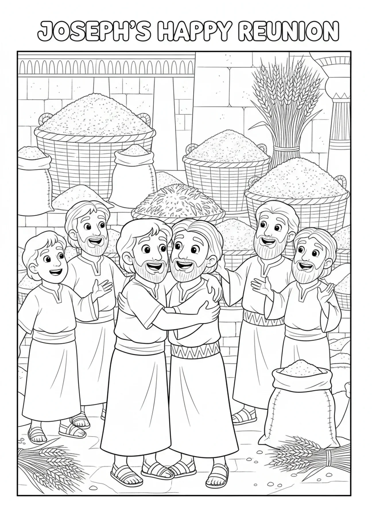 Josef, der sich freudig mit seinen Brüdern vereint, Ausmalbild von Josef im Gefängnis für Kinder im Alter von 5-10 Jahren.