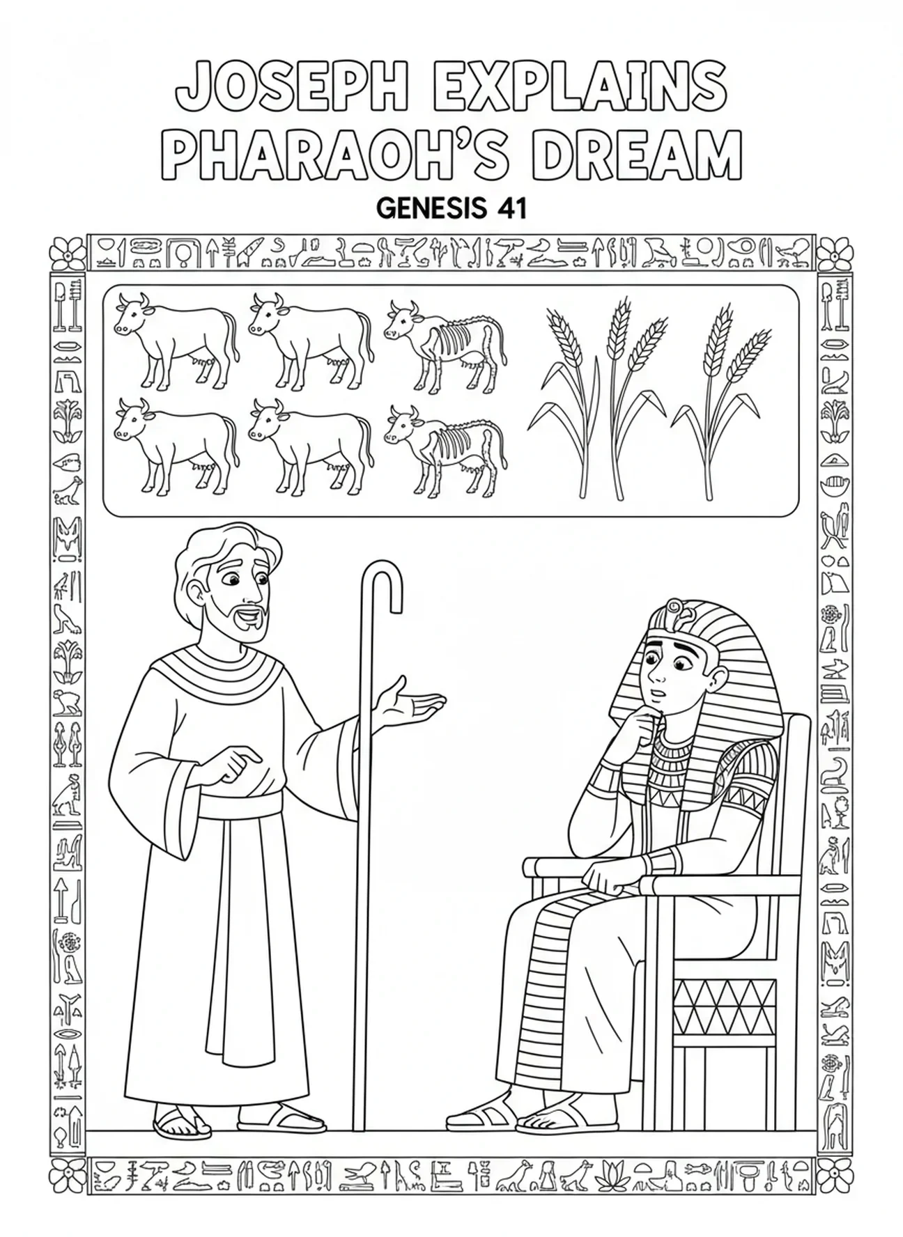 Joseph erklärt dem Pharao den Traum, Ausmalbild von Joseph im Gefängnis für Kinder im Alter von 5-10 Jahren.