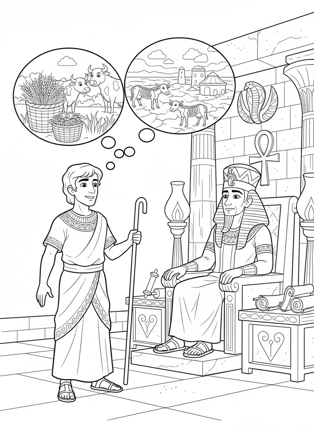 Josef vor dem Pharao, Ausmalbild von Josef im Gefängnis für Kinder in der Sonntagsschule im Alter von 5-12 Jahren