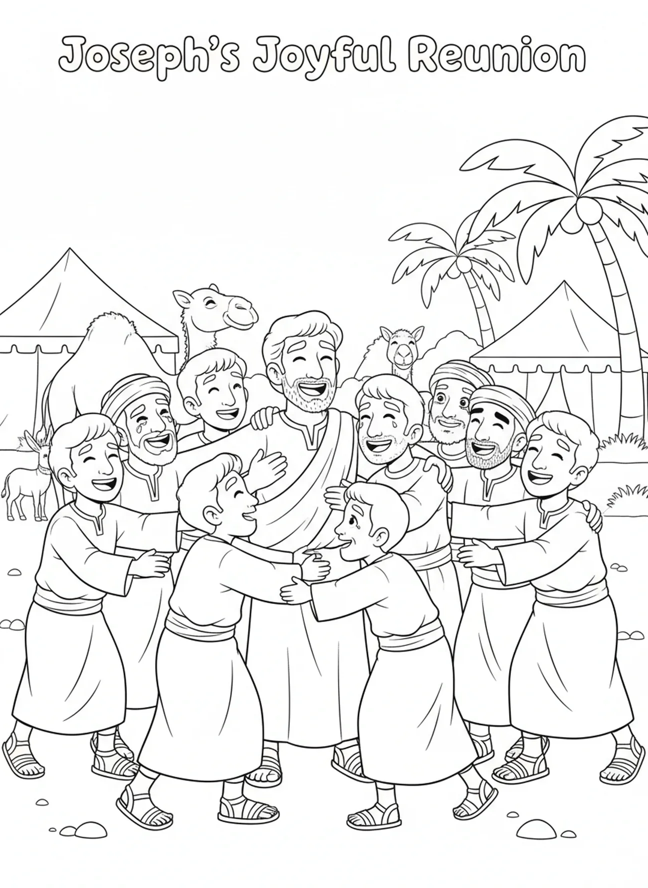 Irmãos se abraçando alegremente com José, página para colorir José e seus irmãos para crianças de 5 a 10 anos.