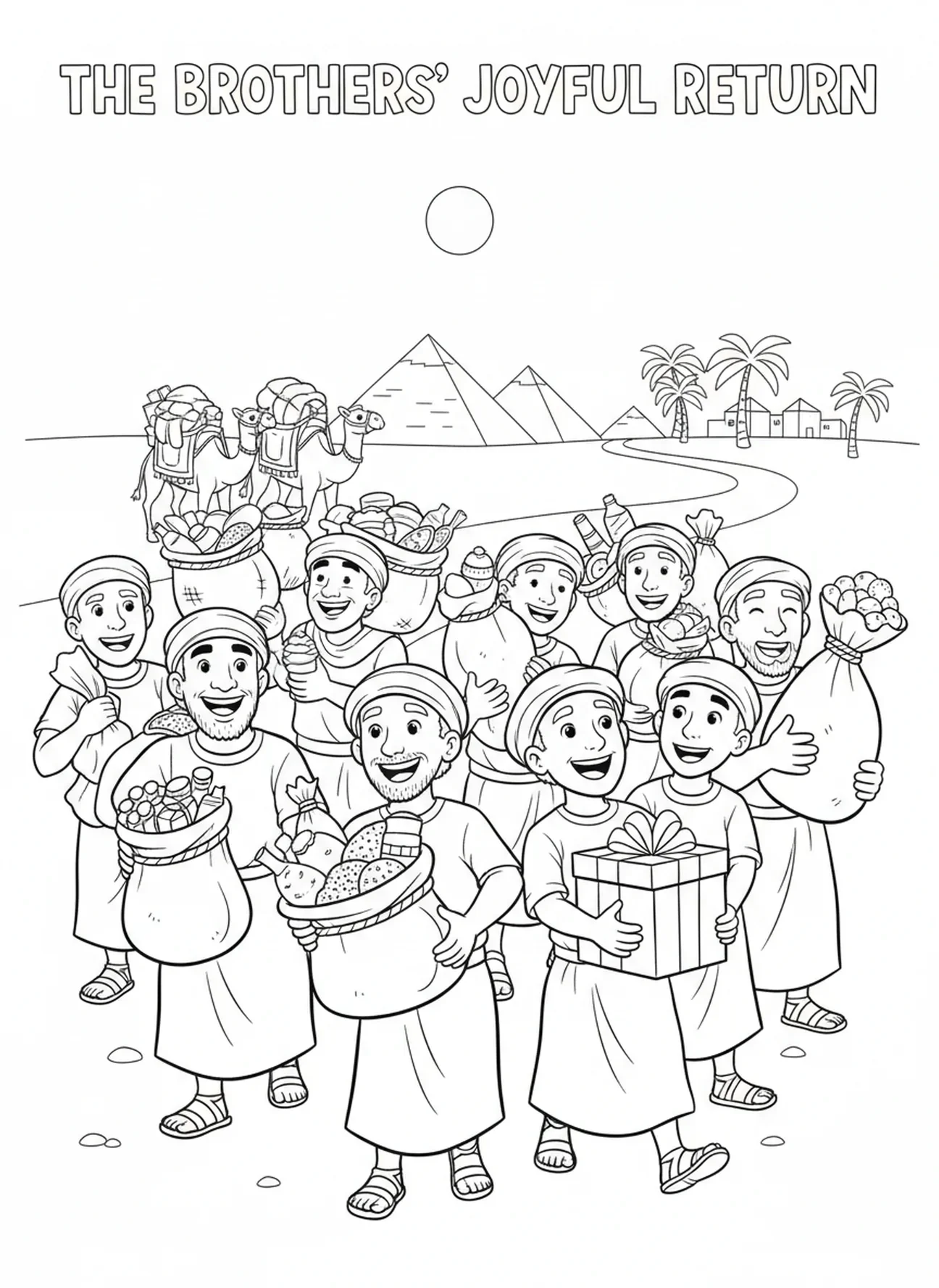 Irmãos felizes se preparando para voltar para casa com presentes, página de colorir sobre a Reunião de José com os Irmãos para crianças de 5 a 10 anos.