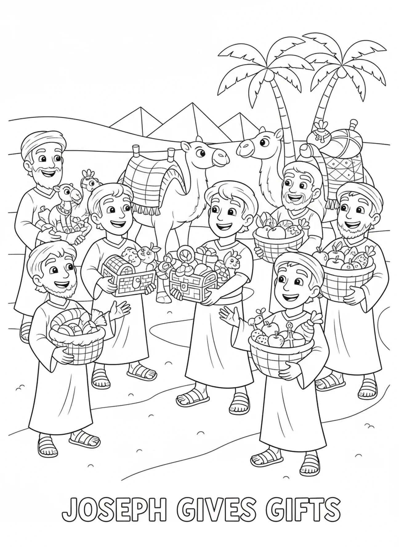 José presenteando seus irmãos com sorrisos, página de colorir José Reencontro com os Irmãos para crianças de 5 a 10 anos.