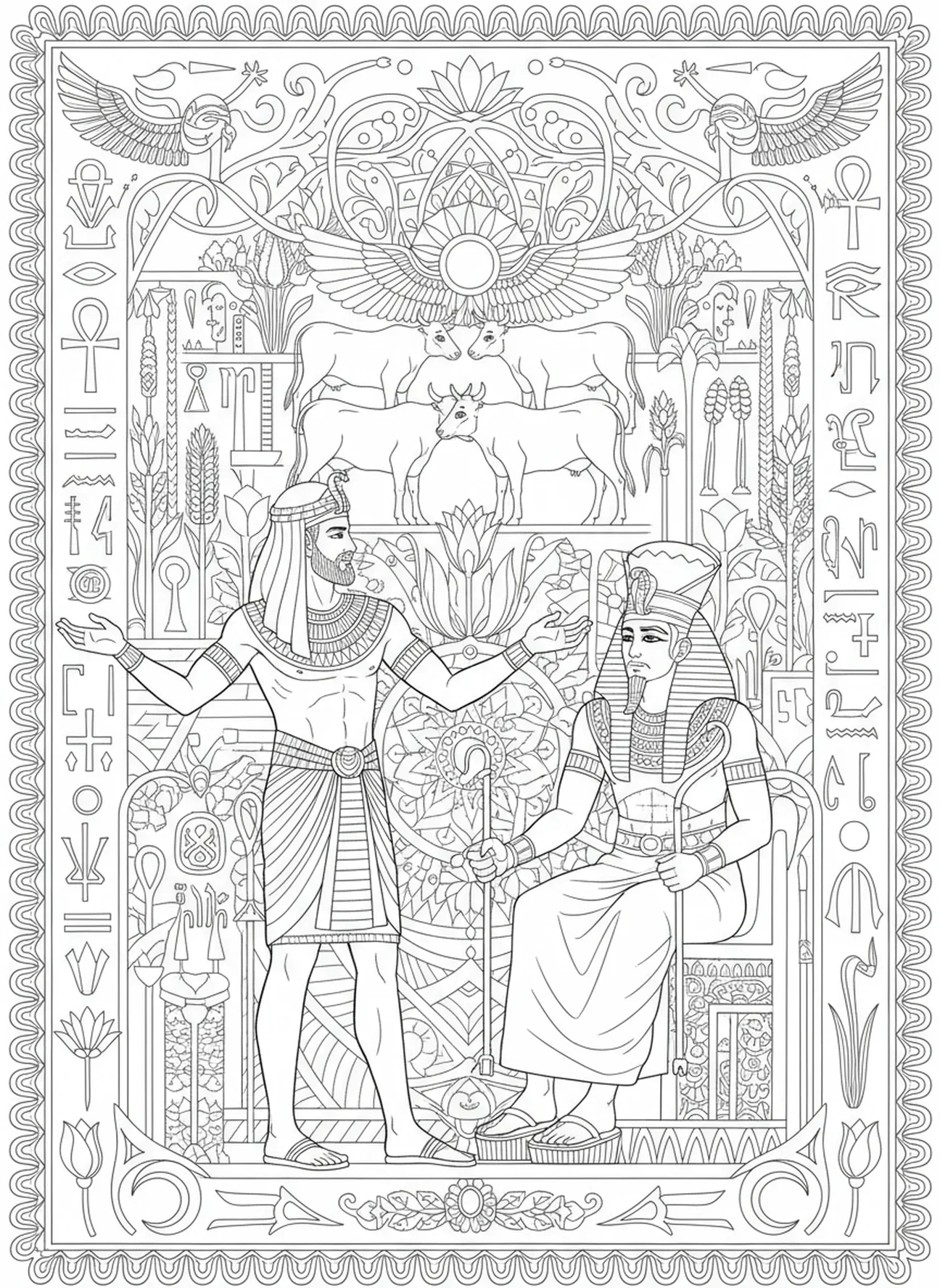 Joseph interprétant des rêves pour Pharaon, page à colorier Joseph pour adultes dans un style de journal biblique.