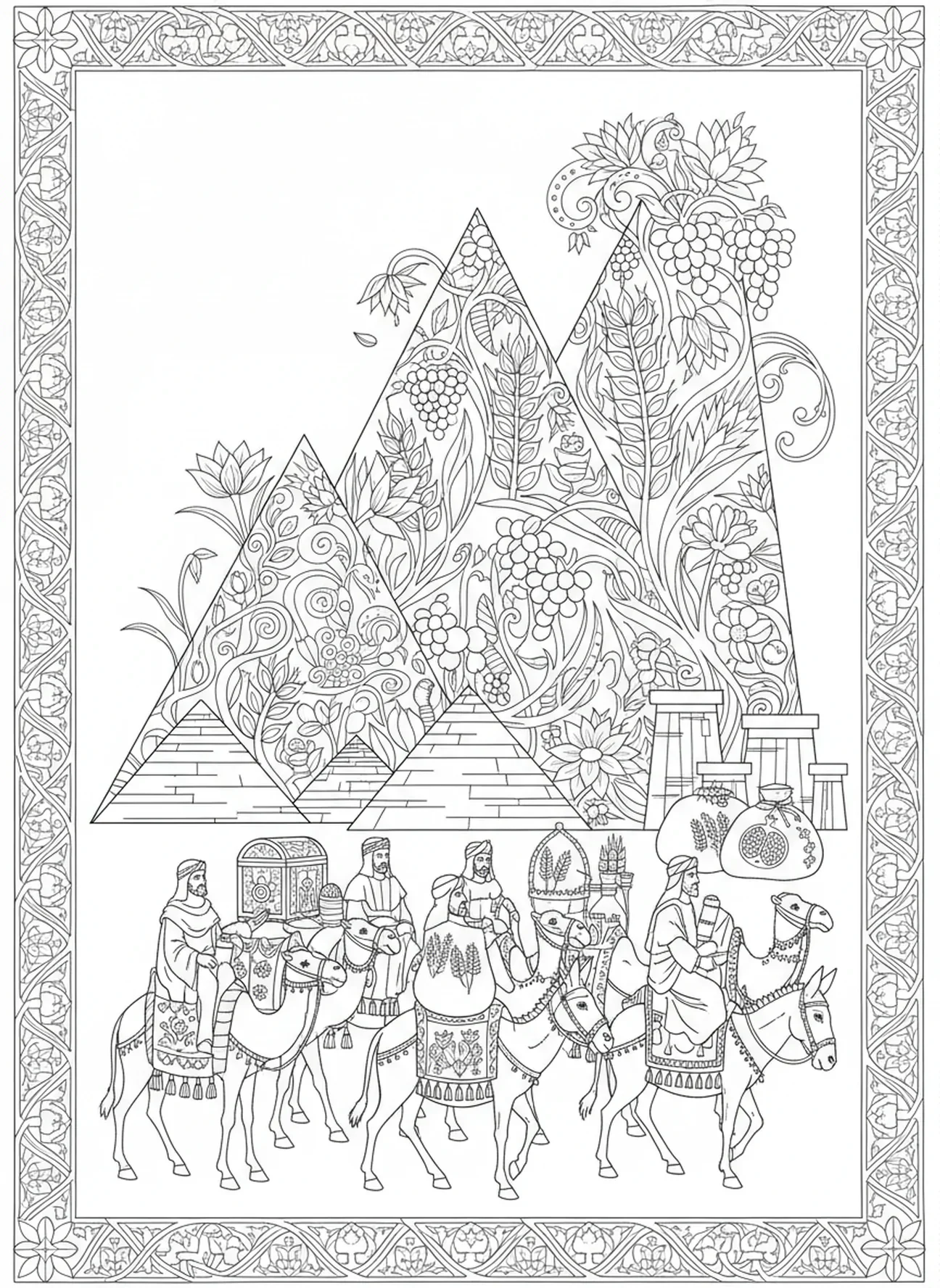 Les frères de Joseph revenant avec des cadeaux, page à colorier de Joseph pour le style de journal biblique pour adultes.