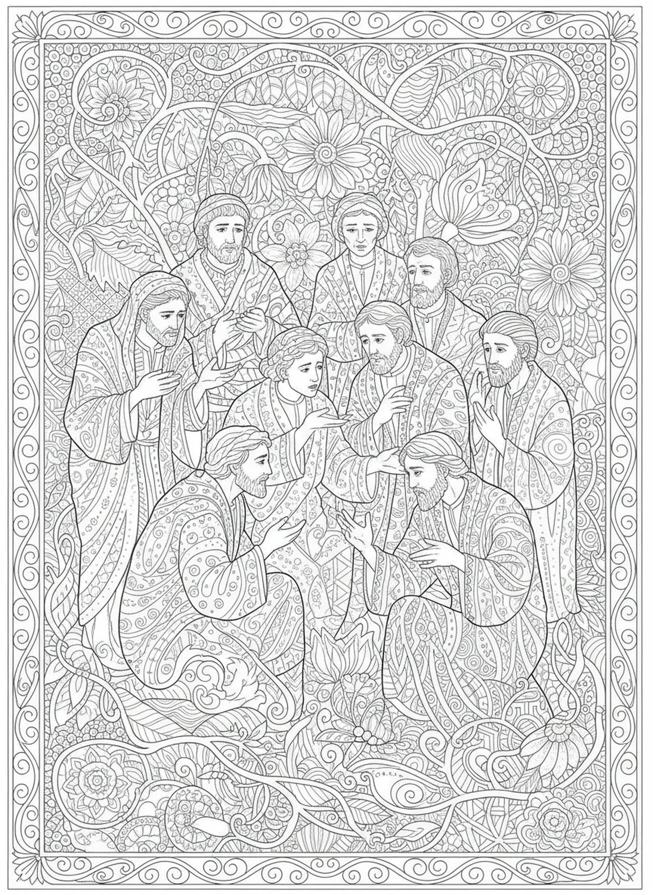 Les frères de Joseph en train de débattre, page à colorier de Joseph pour le style de journal biblique pour adultes.