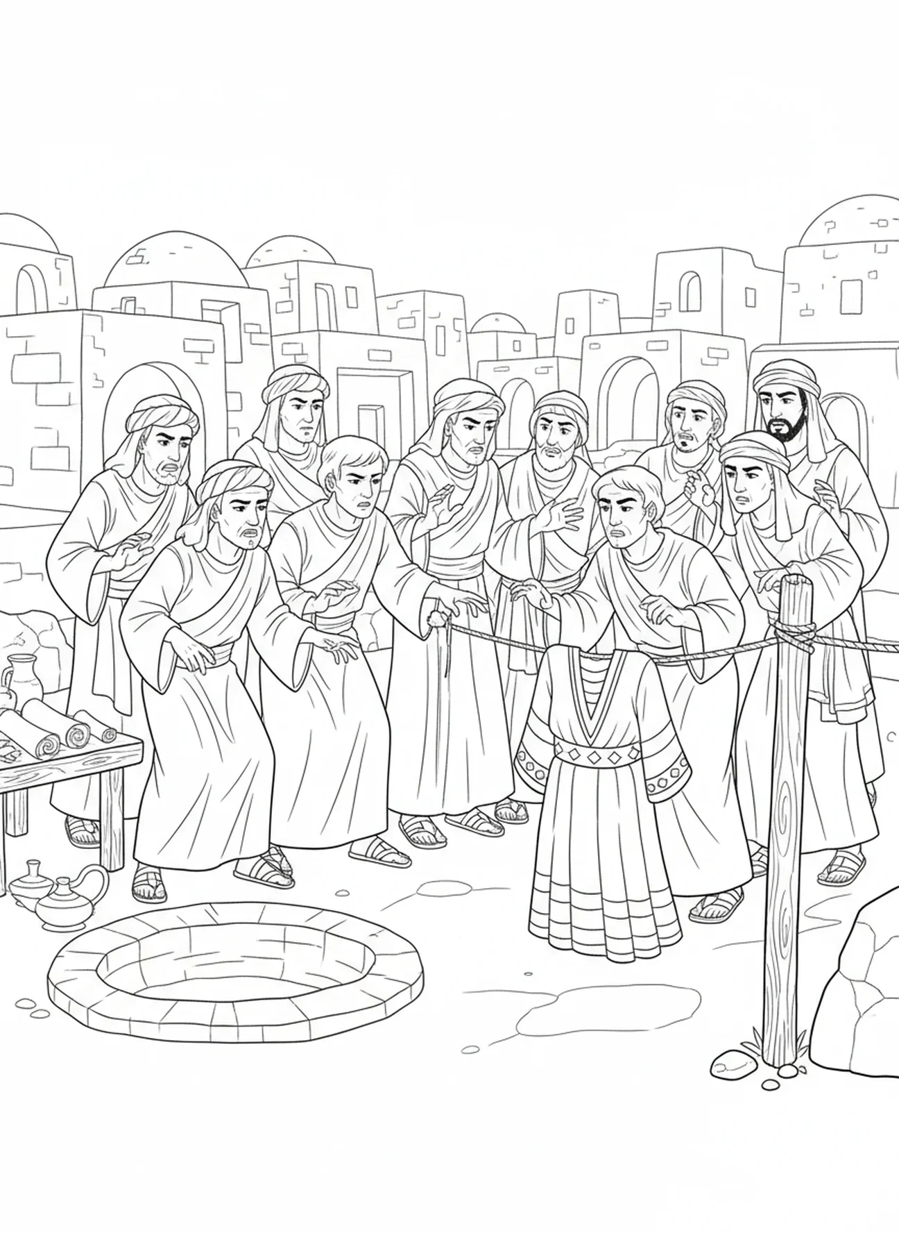Irmãos de José tramando, página para colorir de José para crianças da Escola Dominical de 5 a 12 anos.