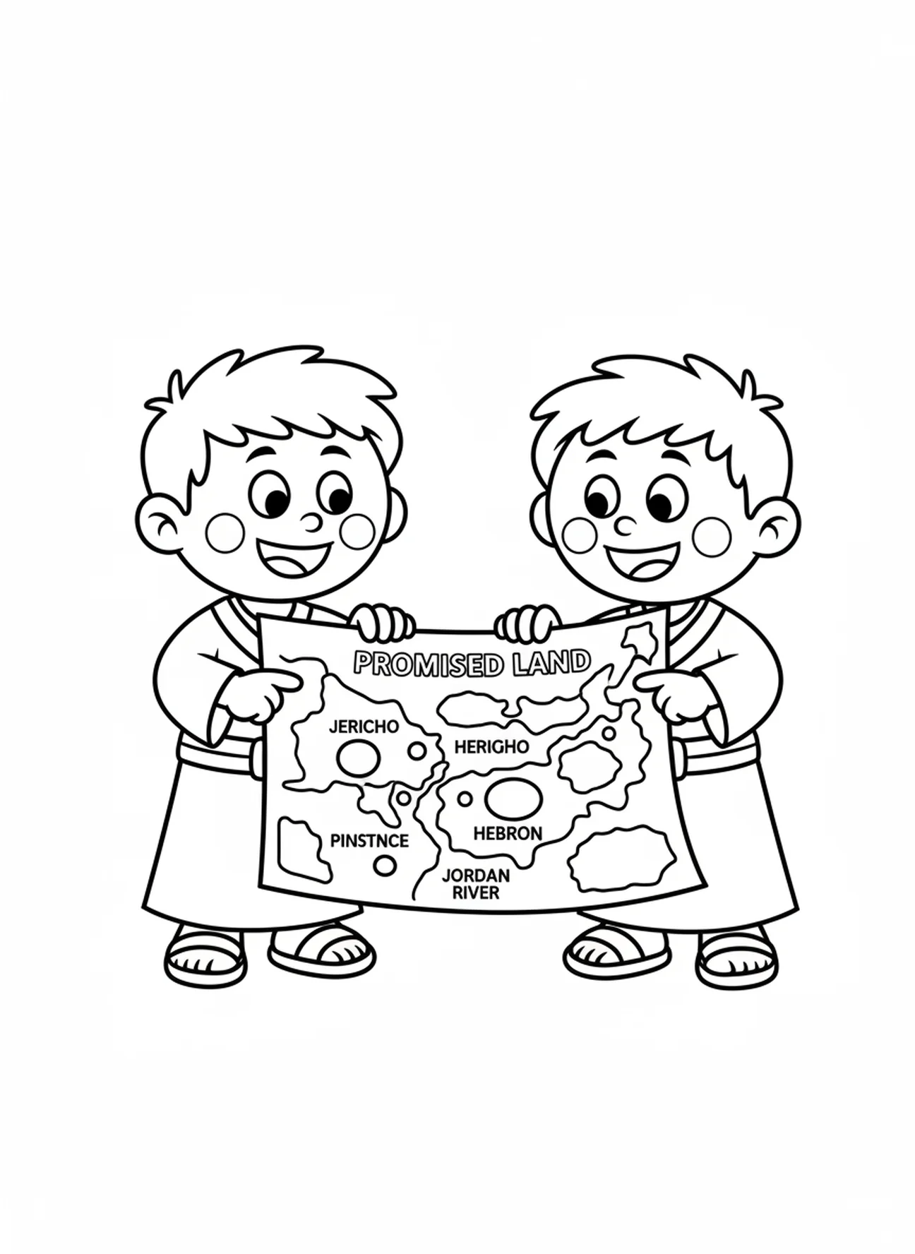 Josué y Caleb con un mapa, página para colorear de Josué y Caleb para niños en edad preescolar de 3 a 5 años