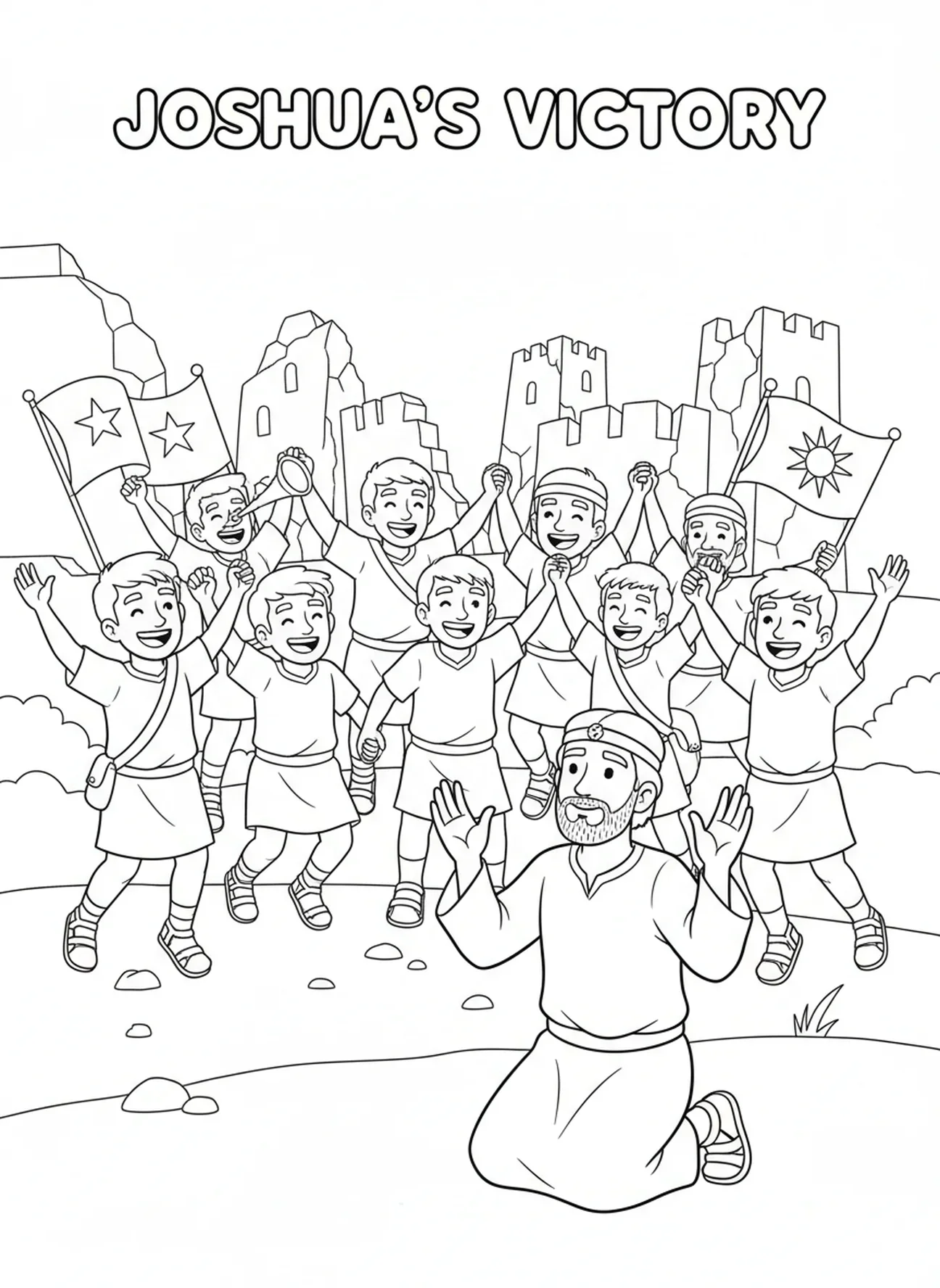 Josué orando, página para colorir do Trumpete de Jericó para crianças de 5 a 10 anos.