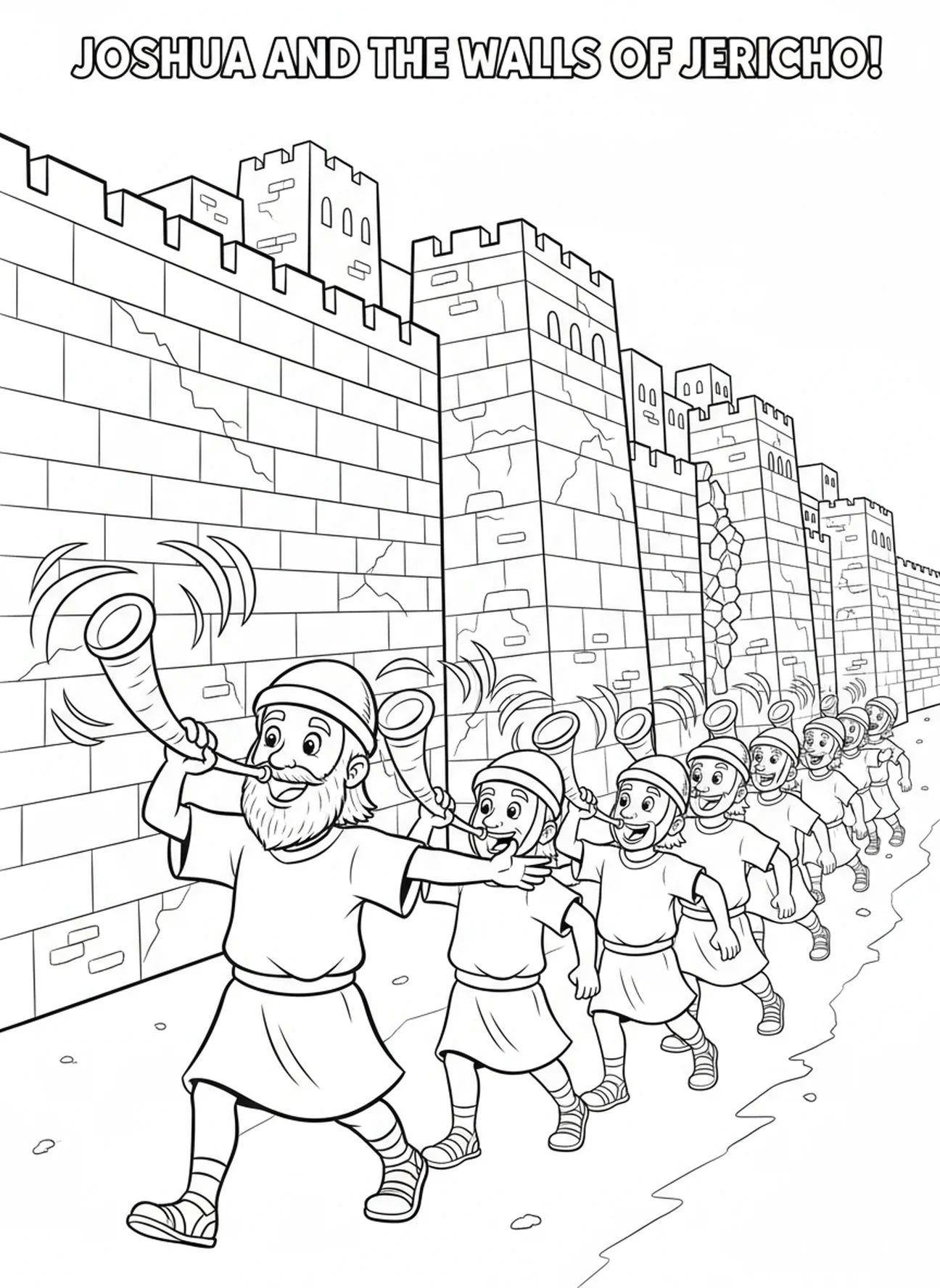 Josué liderando, página para colorir do toque da trombeta de Jericó para crianças de 5 a 10 anos.