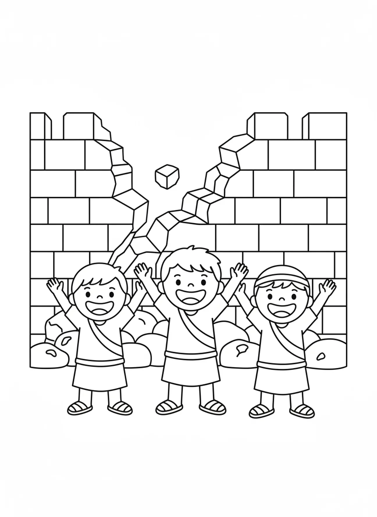 Josué et les Israélites célébrant, page à colorier de la trompette de Josué à Jéricho pour les enfants d'âge préscolaire de 3 à 5 ans