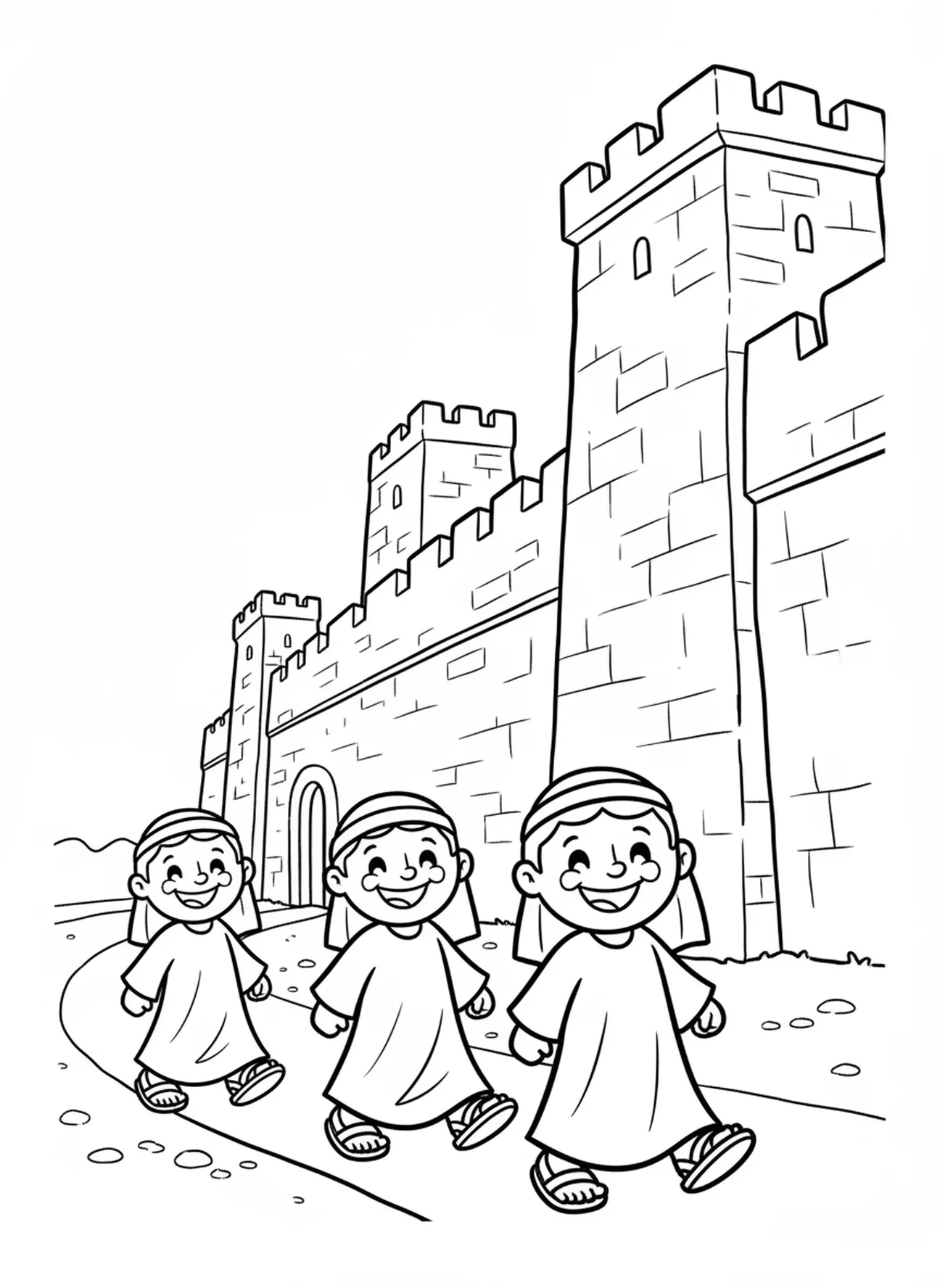 Groupe d'Israélites marchant, page à colorier de Josué et de la trompette de Jéricho pour les préscolaires de 3 à 5 ans
