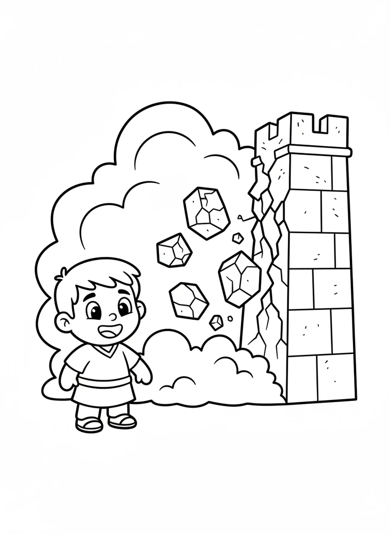 Mur de la ville qui tombe, page à colorier de Josué et la trompette de Jéricho pour les enfants d'âge préscolaire de 3 à 5 ans