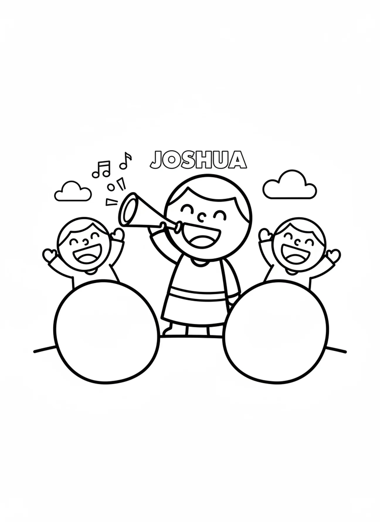Josué soufflant dans la trompette avec les Israélites, page à colorier de Josué et la trompette de Jéricho pour les enfants d'âge préscolaire de 3 à 5 ans