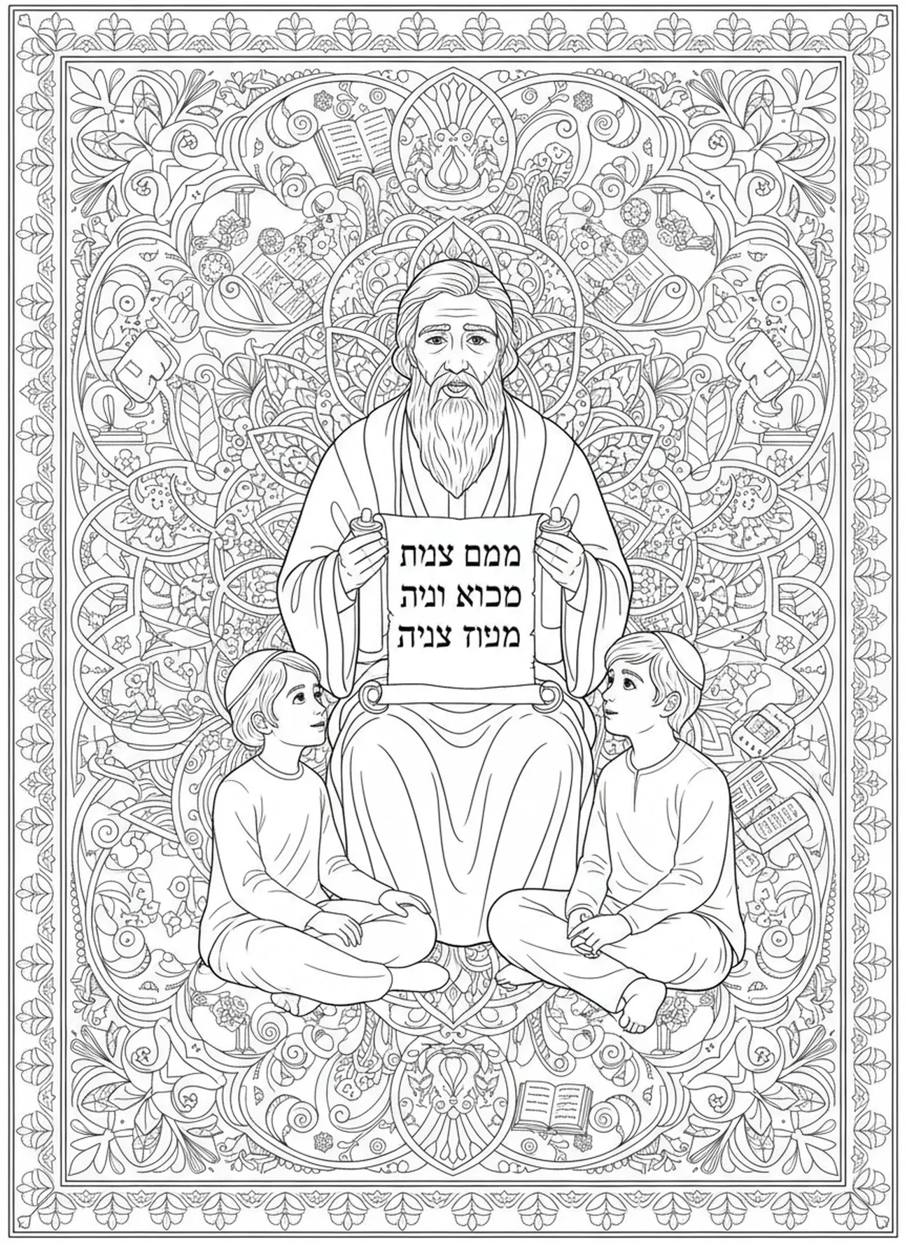 Josué transmettant sa sagesse, page à colorier pour adultes dans le style du journal biblique