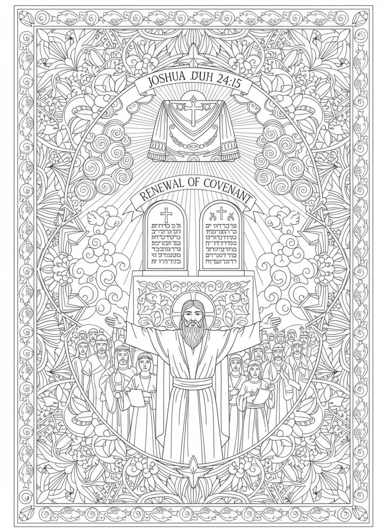 Josué renouvelle l'alliance, page à colorier pour adultes dans le style du journal biblique