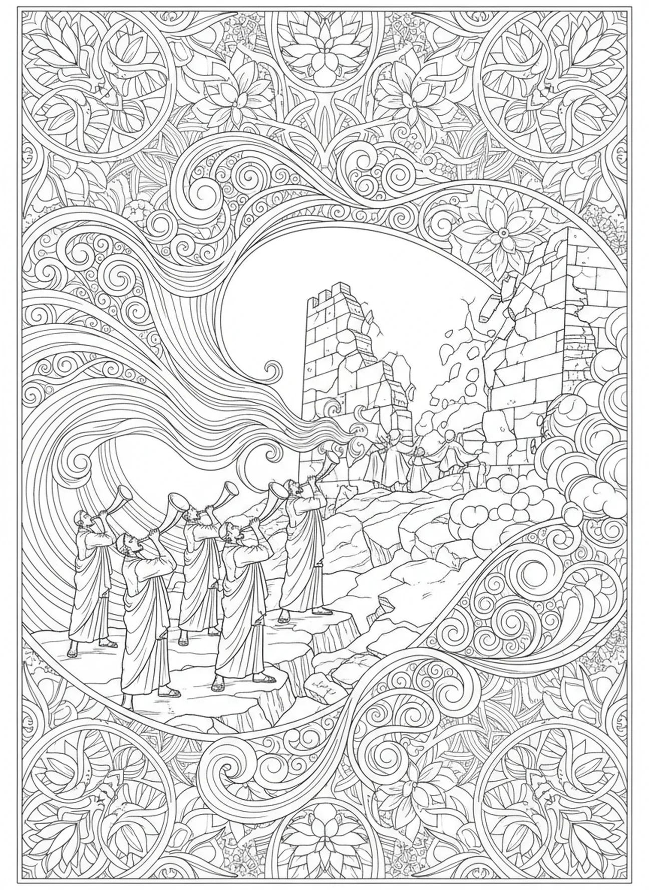 Israélites soufflant des trompettes, page à colorier de Josué pour le style de journalisation biblique pour adultes