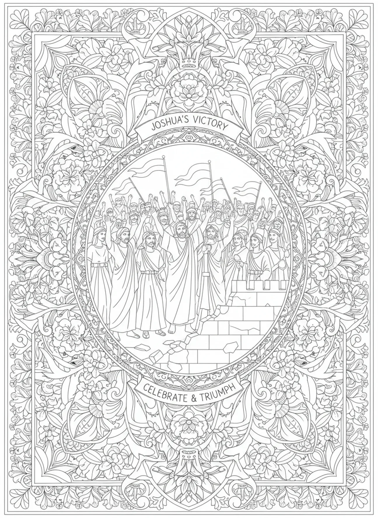 Josué et les Israélites célébrant, page à colorier de Josué pour le style de journal biblique pour adultes