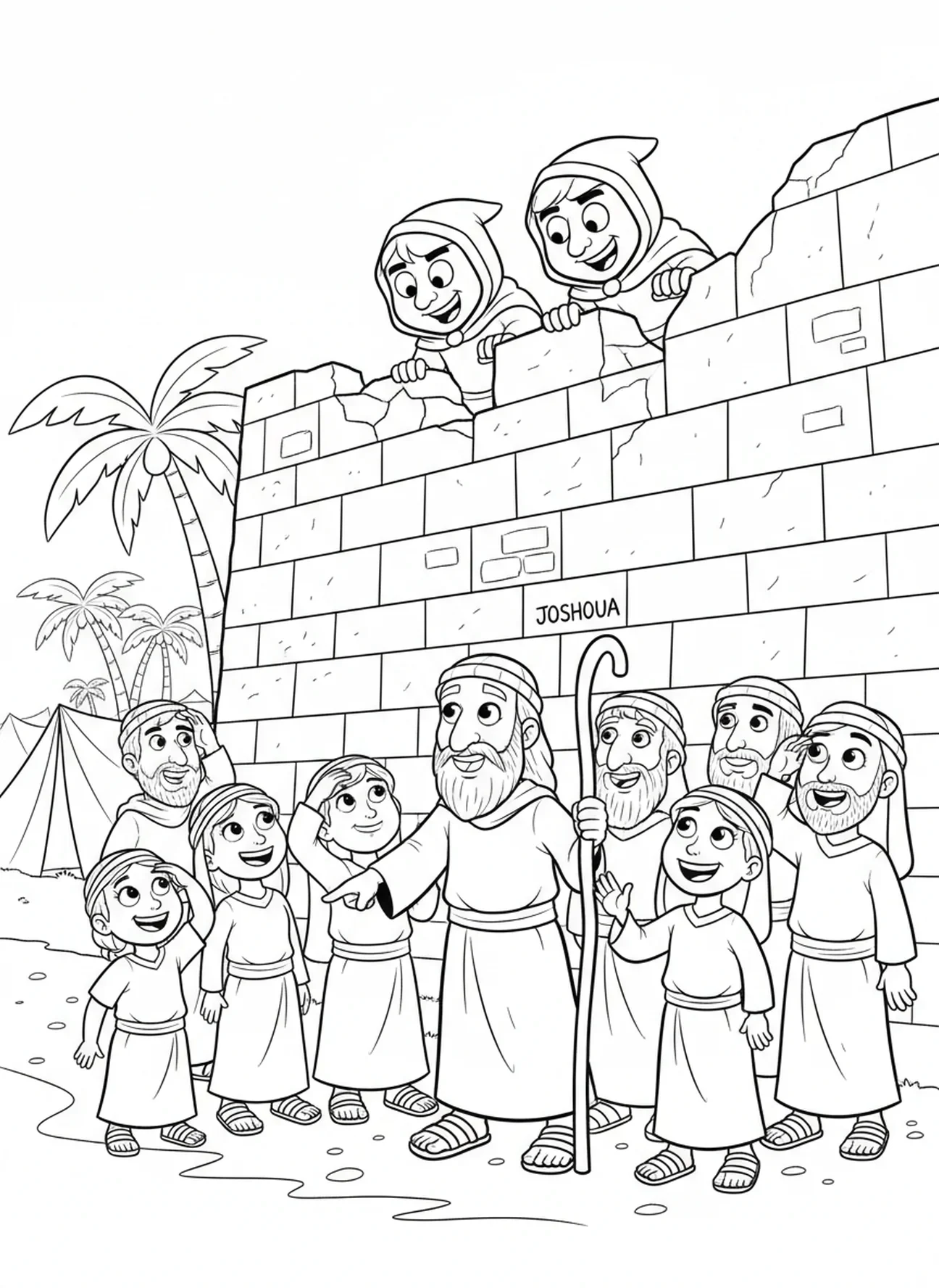 Zwei Spione, die über die Mauer von Jericho spähen, Joshua Malvorlage für Kinder im Alter von 5-10 Jahren