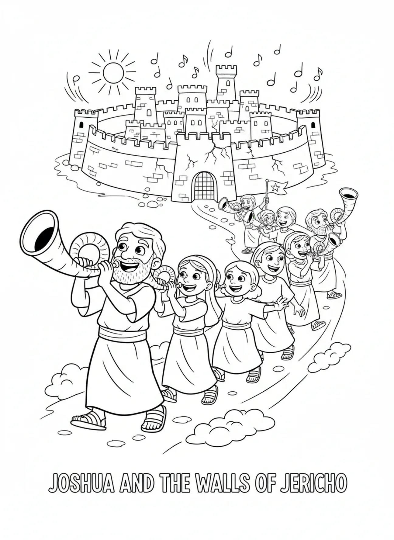 Josua und die Israeliten, die Trompeten blasen, Josua Ausmalbild für Kinder im Alter von 5-10 Jahren