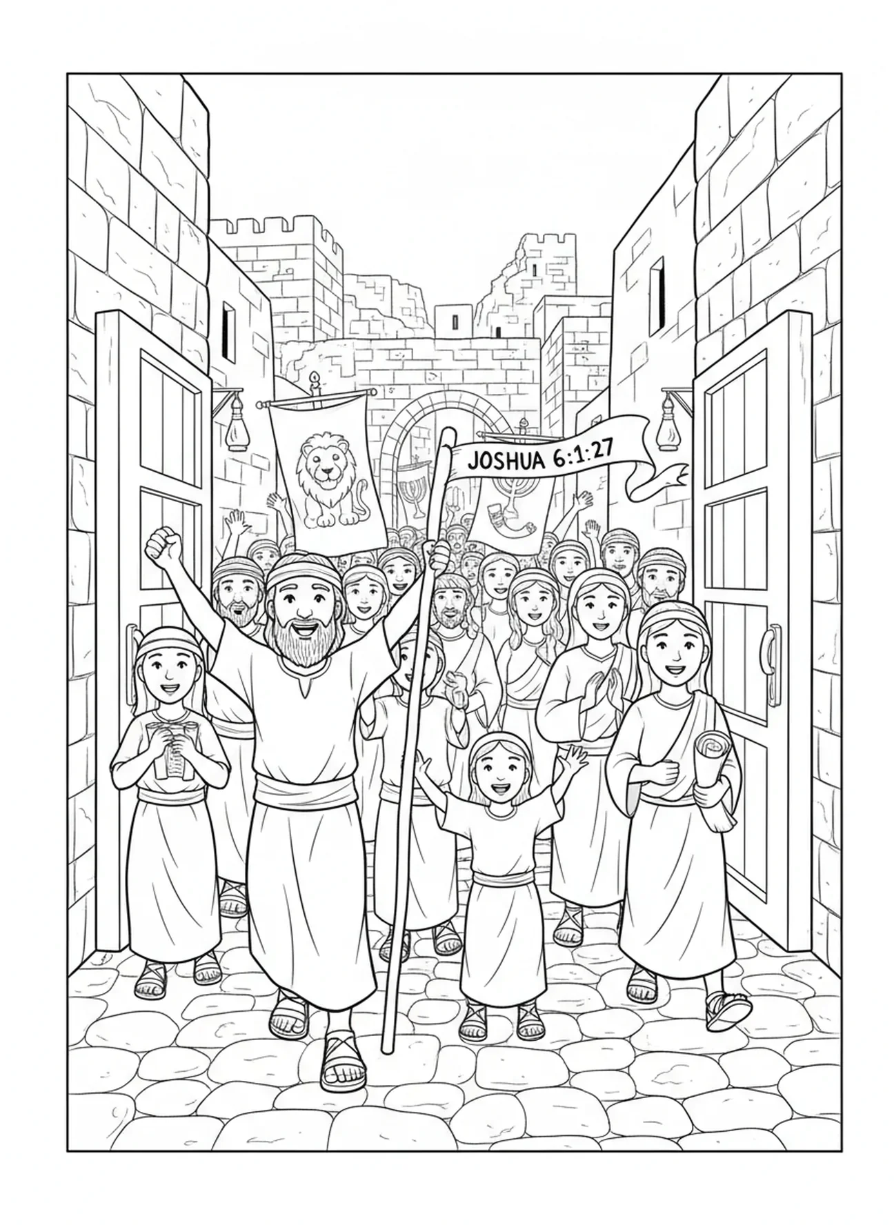 Die Israeliten betreten Jericho, Ausmalbild für die Sonntagsschule für Kinder im Alter von 5-12 Jahren.