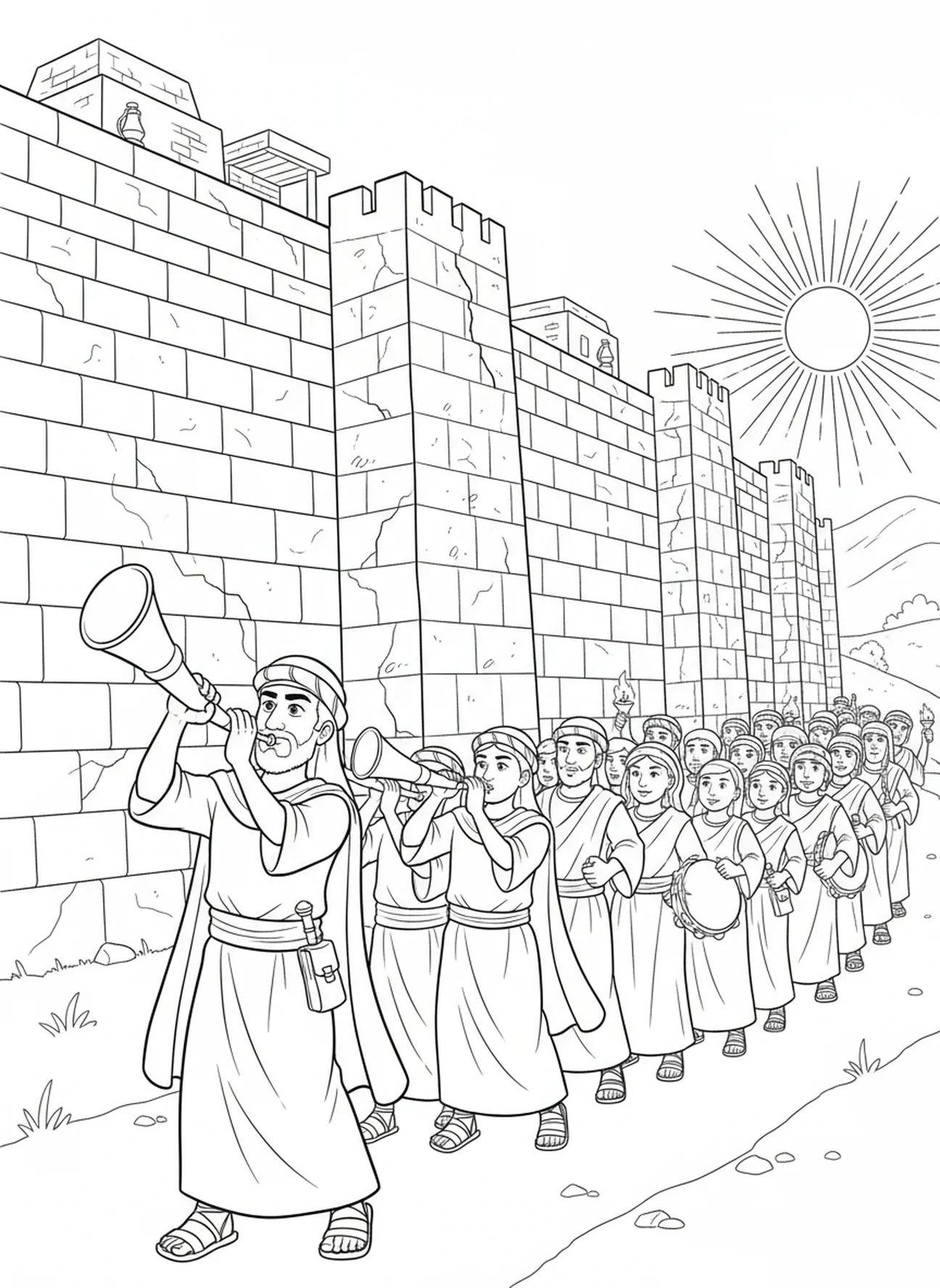 Israeliten blasen Trompeten, Joshua Ausmalbild für Sonntagsschulkinder im Alter von 5-12 Jahren.
