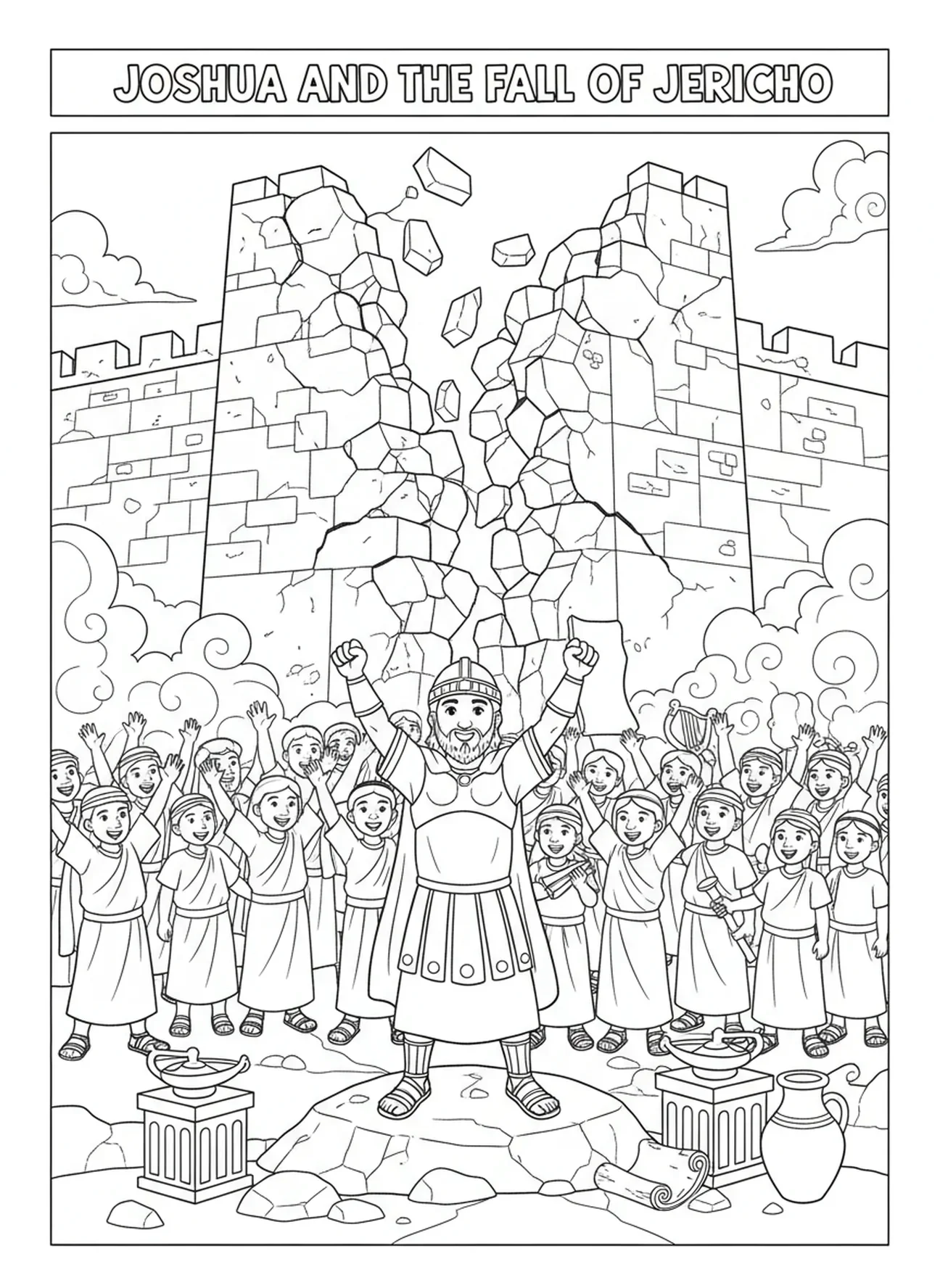 Die fallenden Mauern von Jericho, Ausmalbild für die Sonntagsschule für Kinder im Alter von 5-12 Jahren.