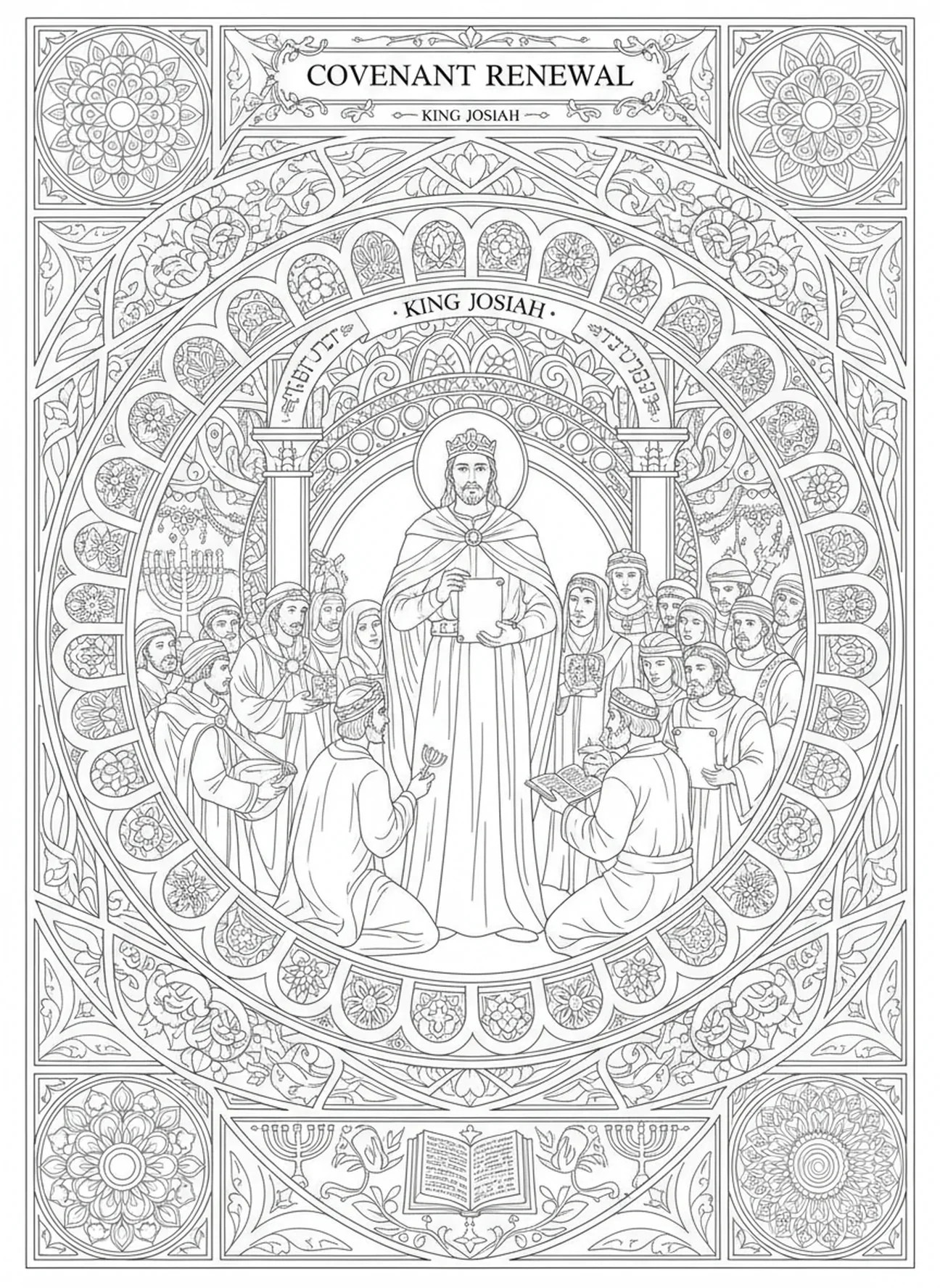 Zeremonie zur Erneuerung des Bundes mit König Josia, Ausmalbild von König Josia im Stil des Bibel-Journalings für Erwachsene.