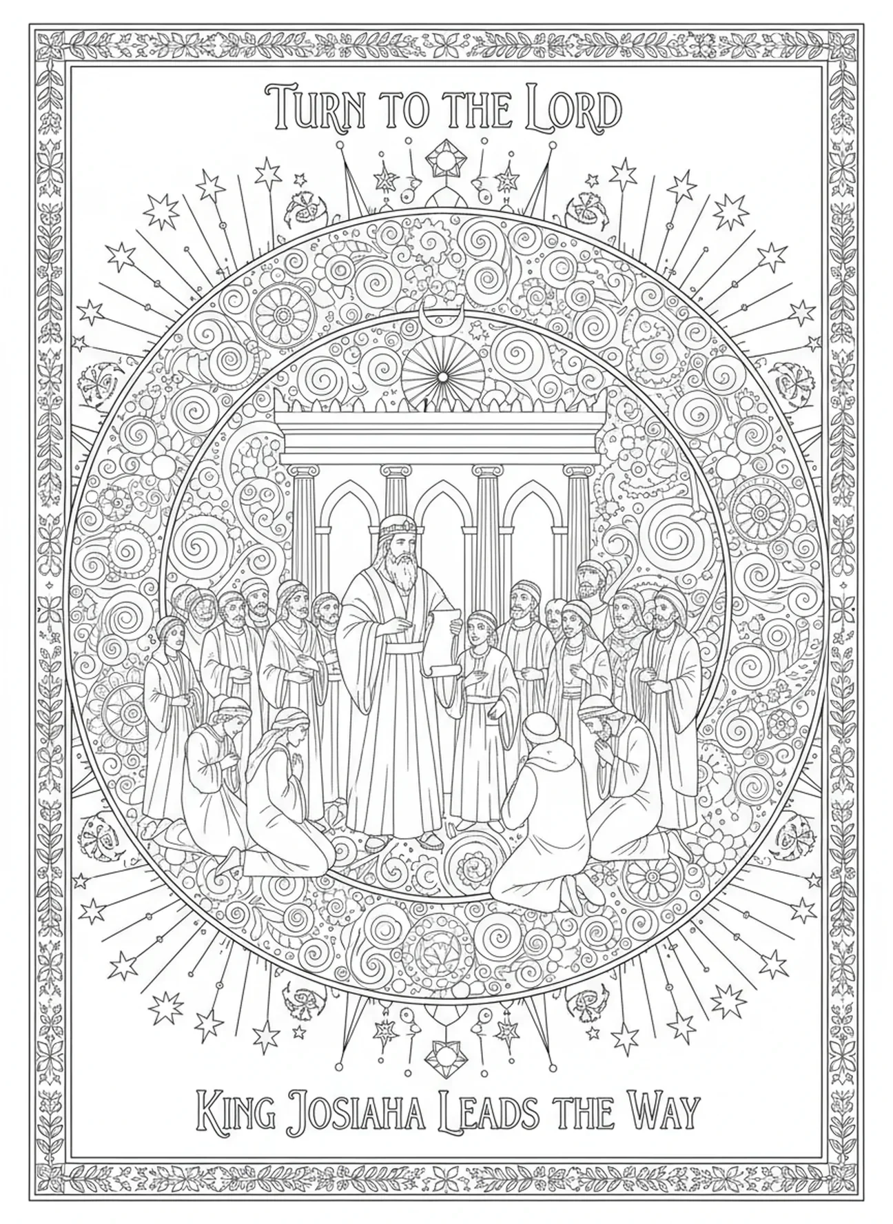 König Josia führt das Volk, Ausmalbild von König Josia im Stil des Bibel-Journalings für Erwachsene.