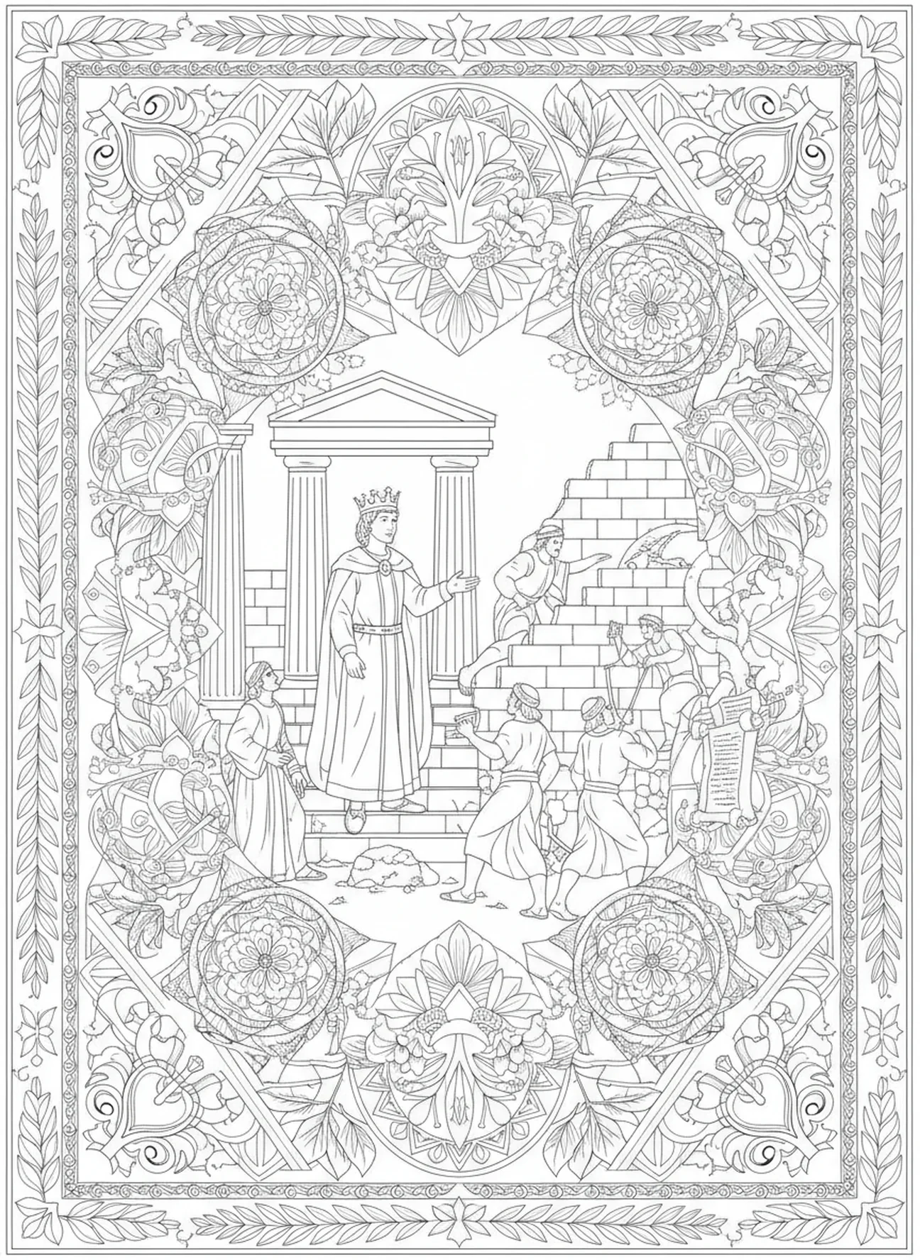 König Josia repariert den Tempel, Ausmalbild für Erwachsene im Bibel-Journaling-Stil.