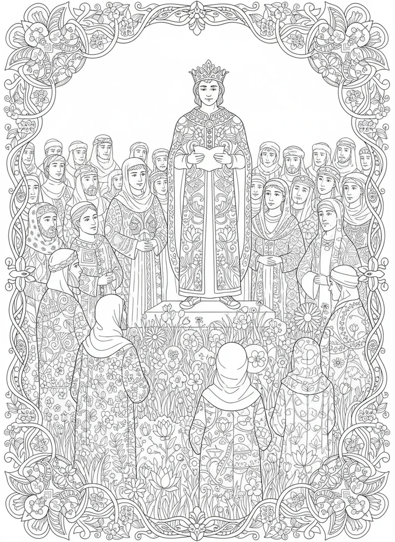 Menschenmenge reagiert auf König Josia, Ausmalbild von König Josia im Stil des Bibel-Journalings für Erwachsene.