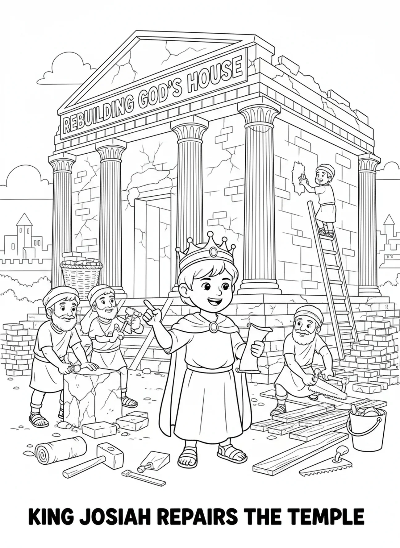 König Josia repariert den Tempel, Malvorlage König Josia für Kinder im Alter von 5-10 Jahren.