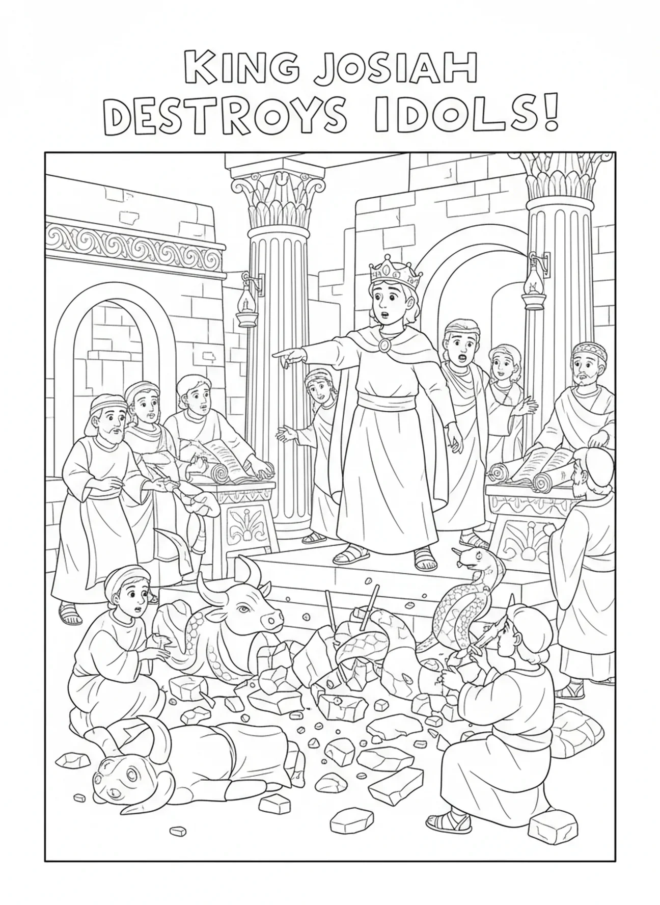 Le roi Josias détruisant des idoles, page à colorier du roi Josias pour les enfants de l'École du dimanche âgés de 5 à 12 ans.