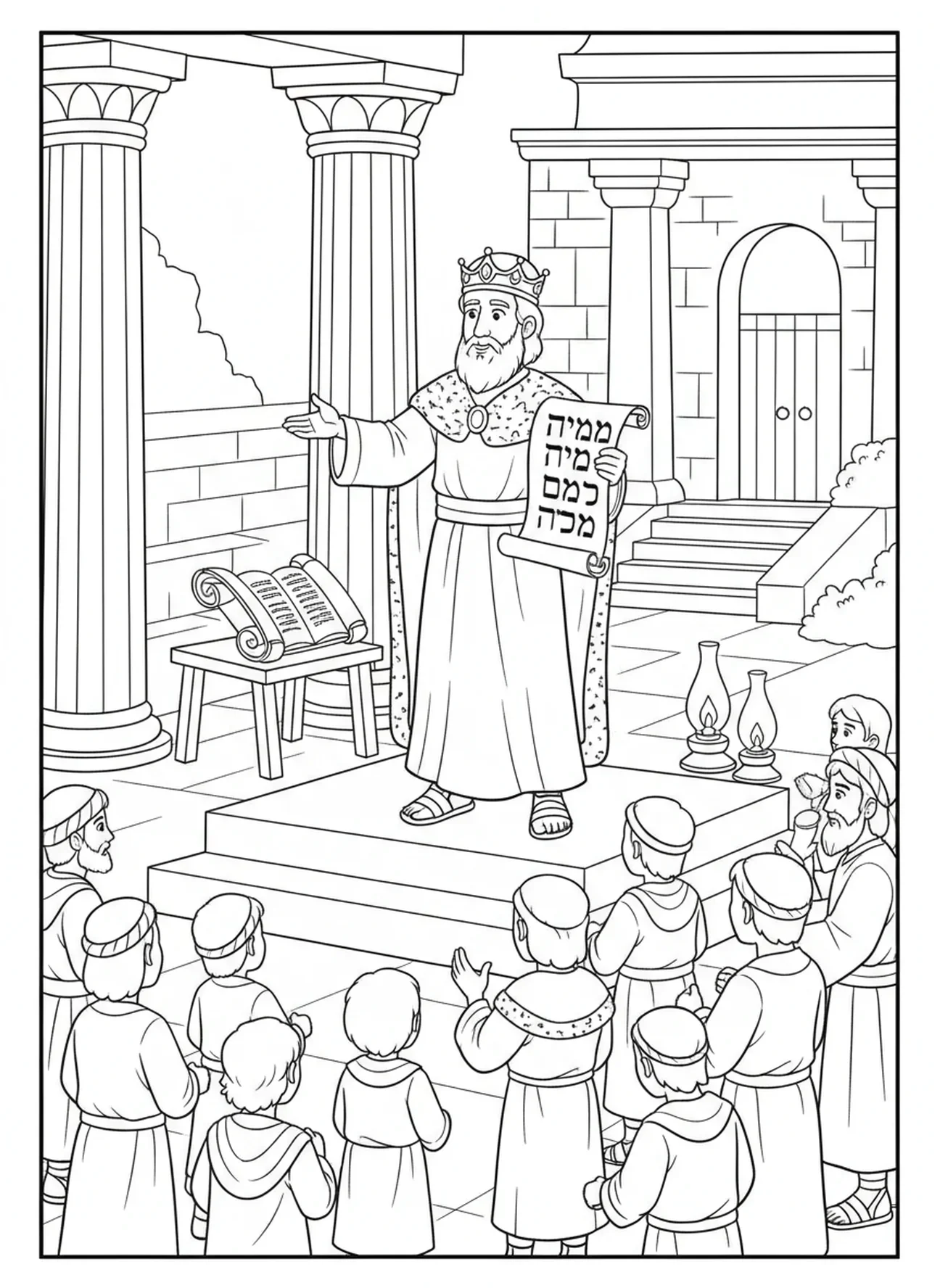 Le roi Josias discutant des réformes, page à colorier du roi Josias pour les enfants de l'École du dimanche âgés de 5 à 12 ans.