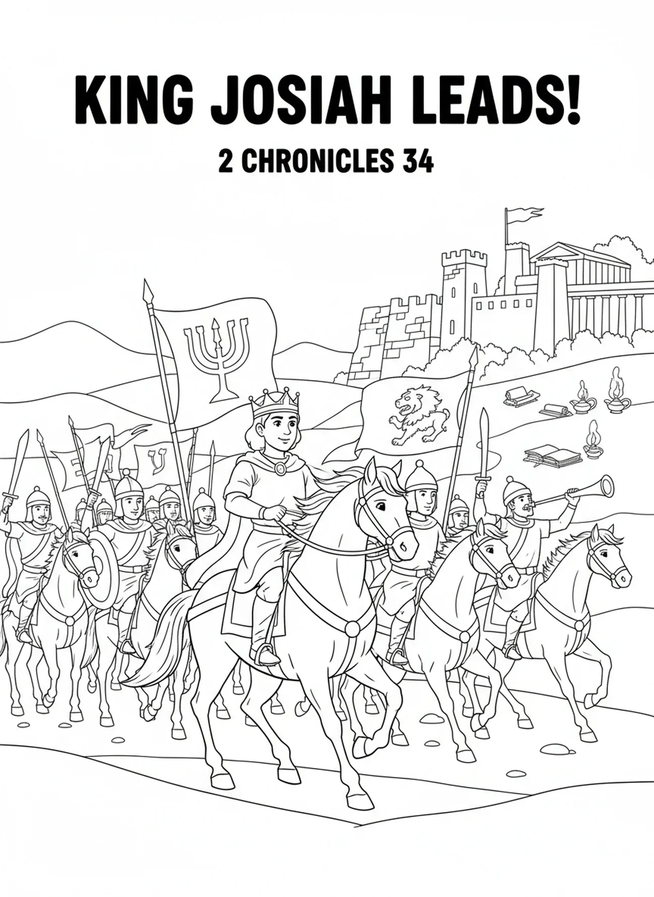 Le roi Josias menant des soldats au combat, page à colorier du roi Josias pour les enfants de l'École du dimanche âgés de 5 à 12 ans.