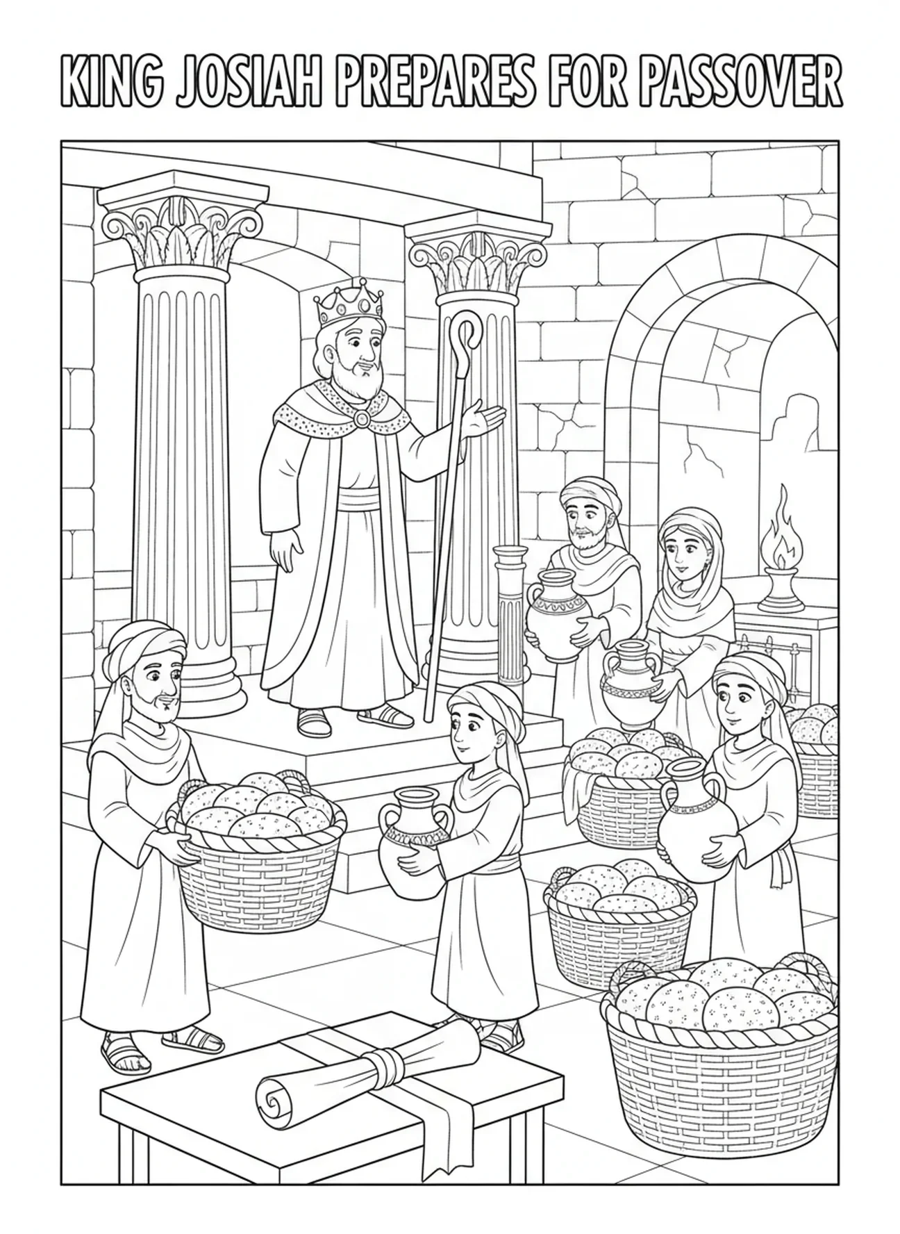 Le roi Josias se préparant pour la Pâque, page à colorier du roi Josias pour les enfants de l'École du dimanche âgés de 5 à 12 ans.
