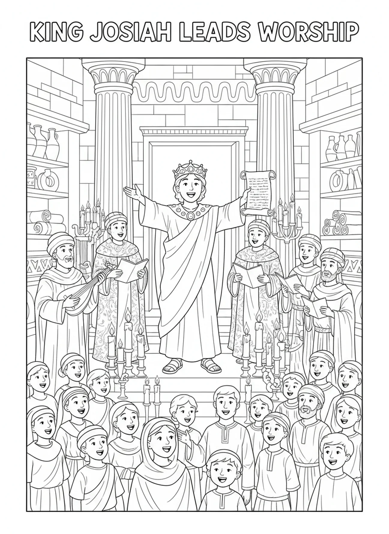 Le roi Josias menant l'adoration, page à colorier du roi Josias pour les enfants de l'École du dimanche âgés de 5 à 12 ans.