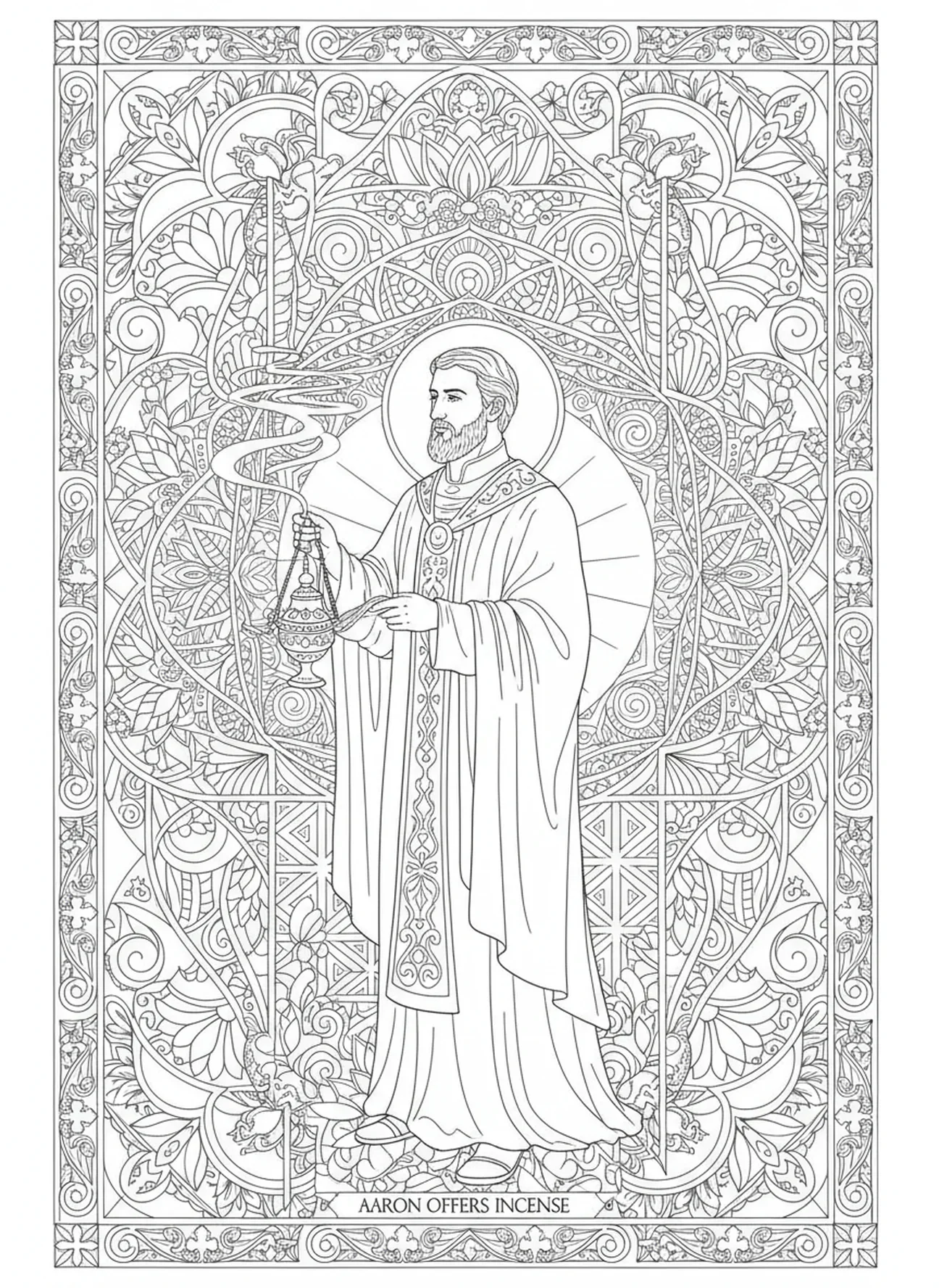 Aaron, der für das Volk Räucherwerk darbringt, Ausmalbild zur Rebellion Korahs im Stil des Bibel-Journaling für Erwachsene