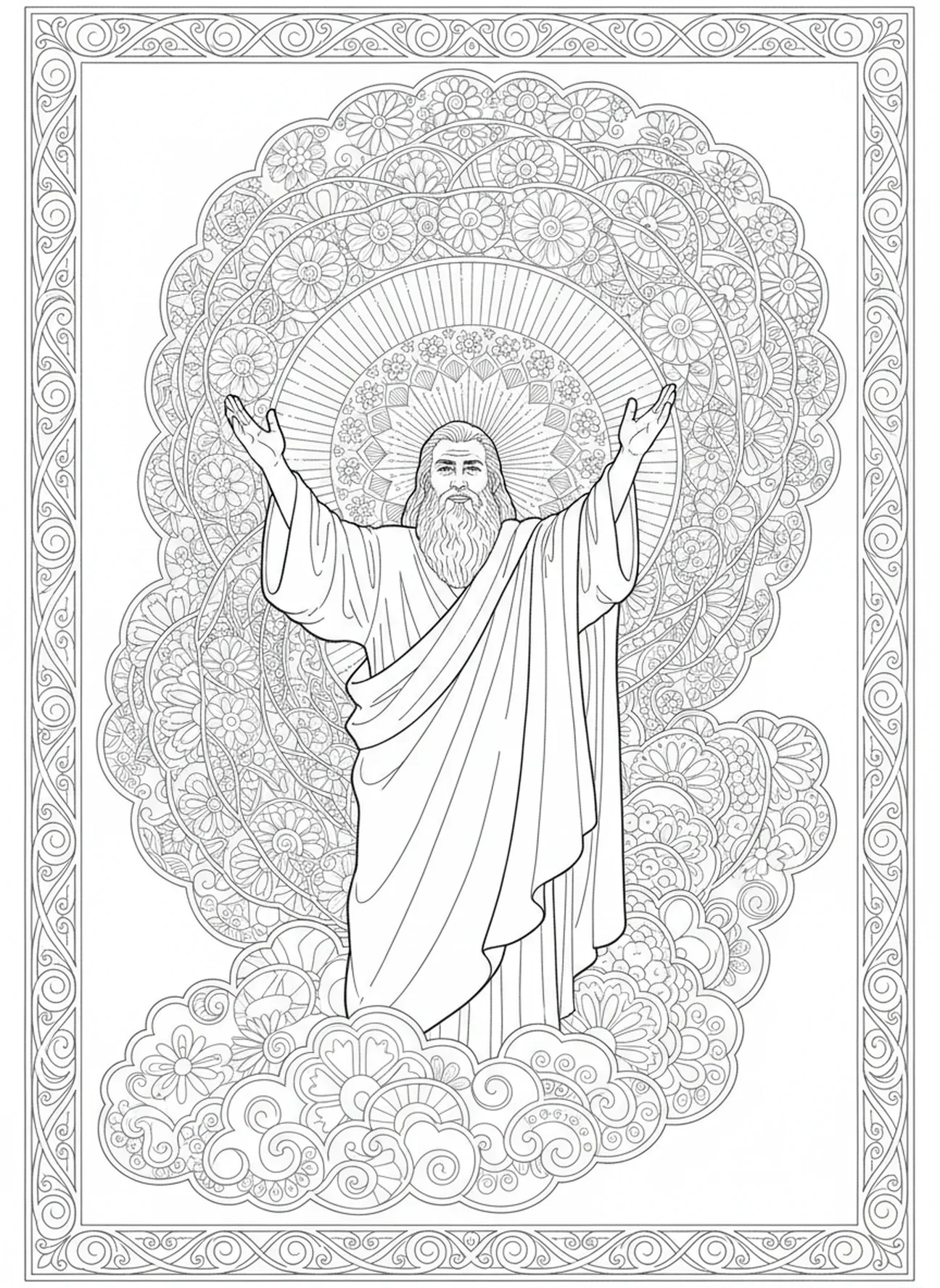 Moses, der für das Volk fleht, Ausmalbild zur Rebellion Korahs im Stil des Bibeljournaling für Erwachsene