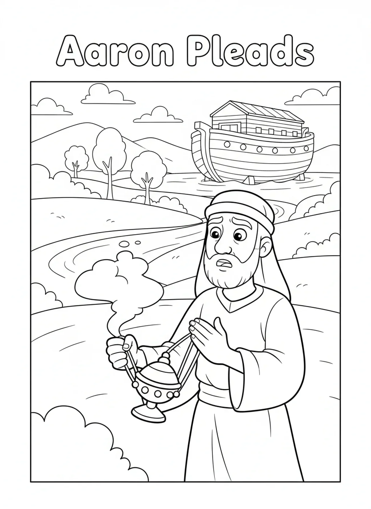 Aaron, der zu Gott fleht, Malvorlage zur Rebellion von Korah für Kinder im Alter von 5-10 Jahren.