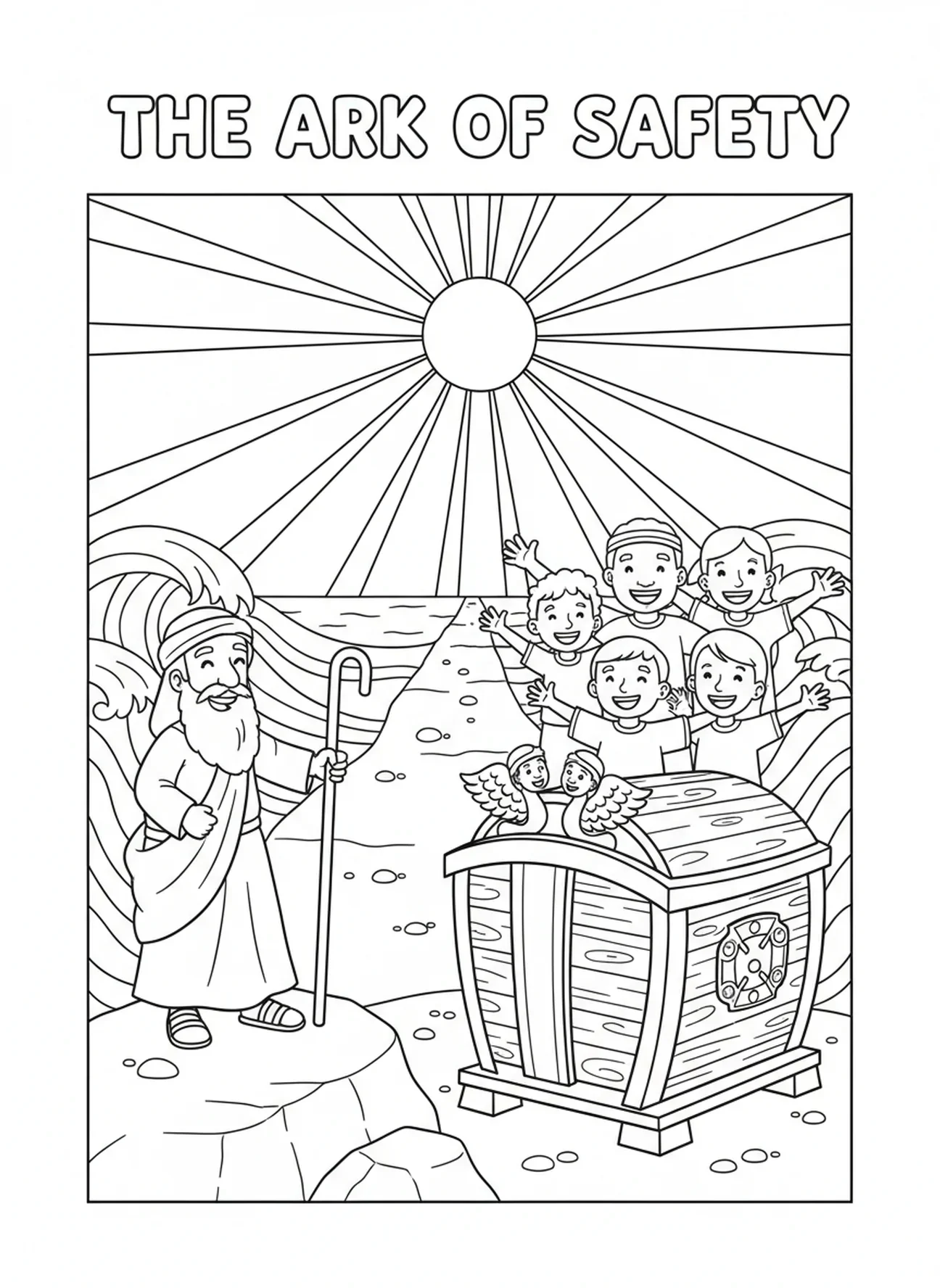 Mose und das Volk, das die Arche bewacht, Ausmalbild zur Rebellion Korahs für Kinder im Alter von 5-10 Jahren.