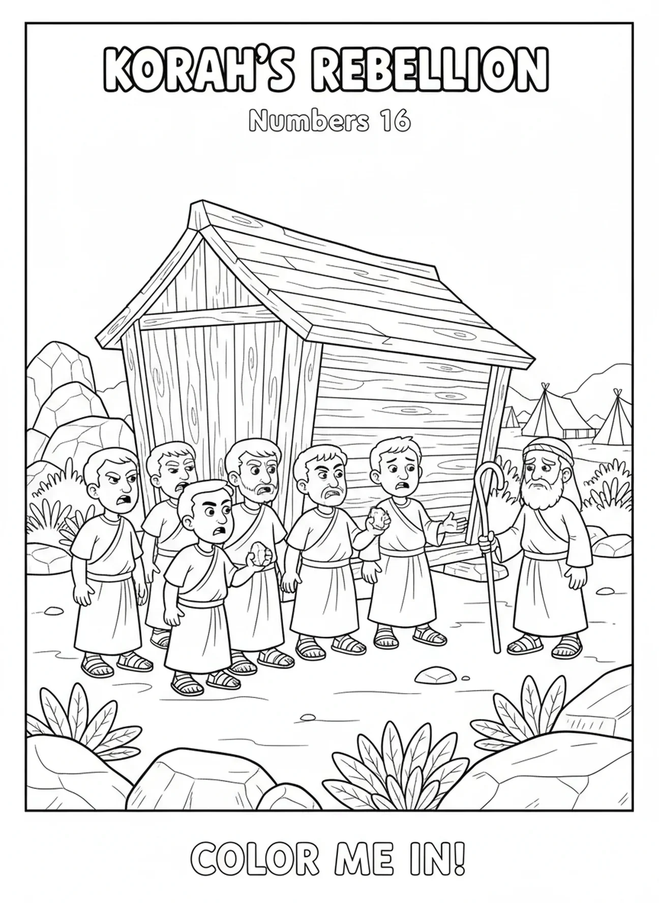 Korah und seine Anhänger planen, Ausmalbild zur Rebellion von Korah für Kinder im Alter von 5-10 Jahren.