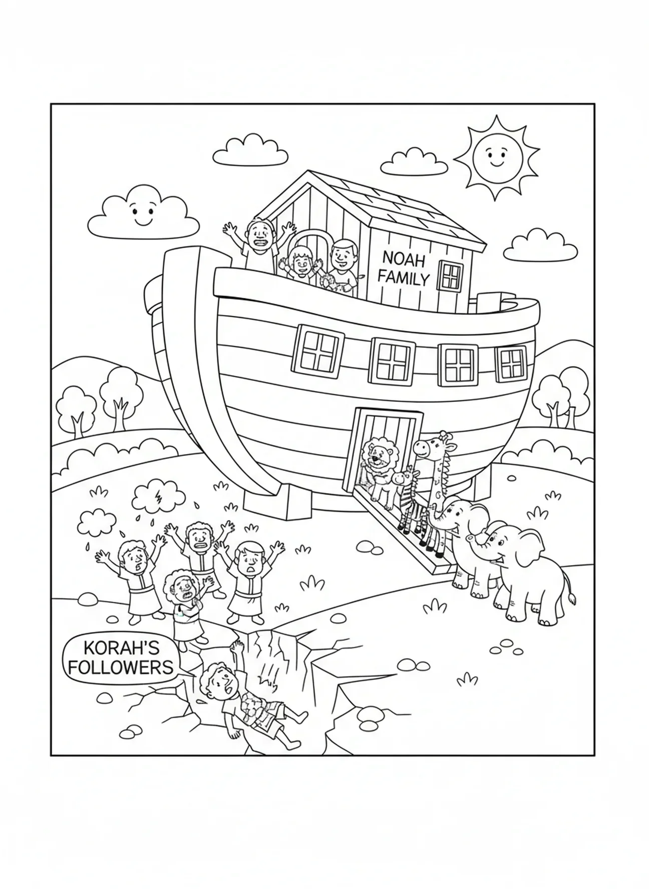 Die Arche als sicherer Hafen, Ausmalbild zur Rebellion Korahs für Kinder im Alter von 5-10 Jahren.