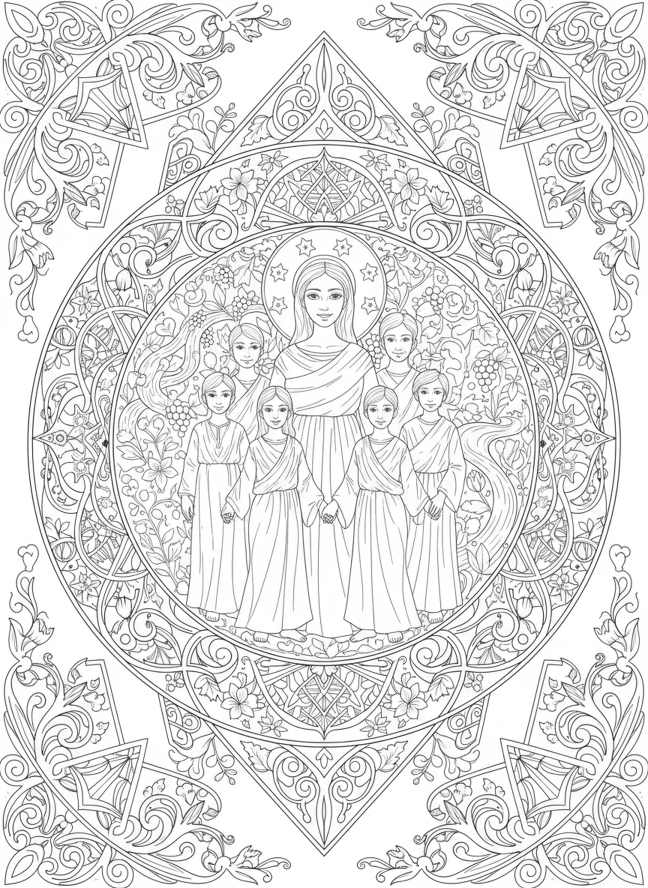 Leah umgeben von ihren Kindern, Ausmalbild für Erwachsene im Stil des Bibel-Journalings.
