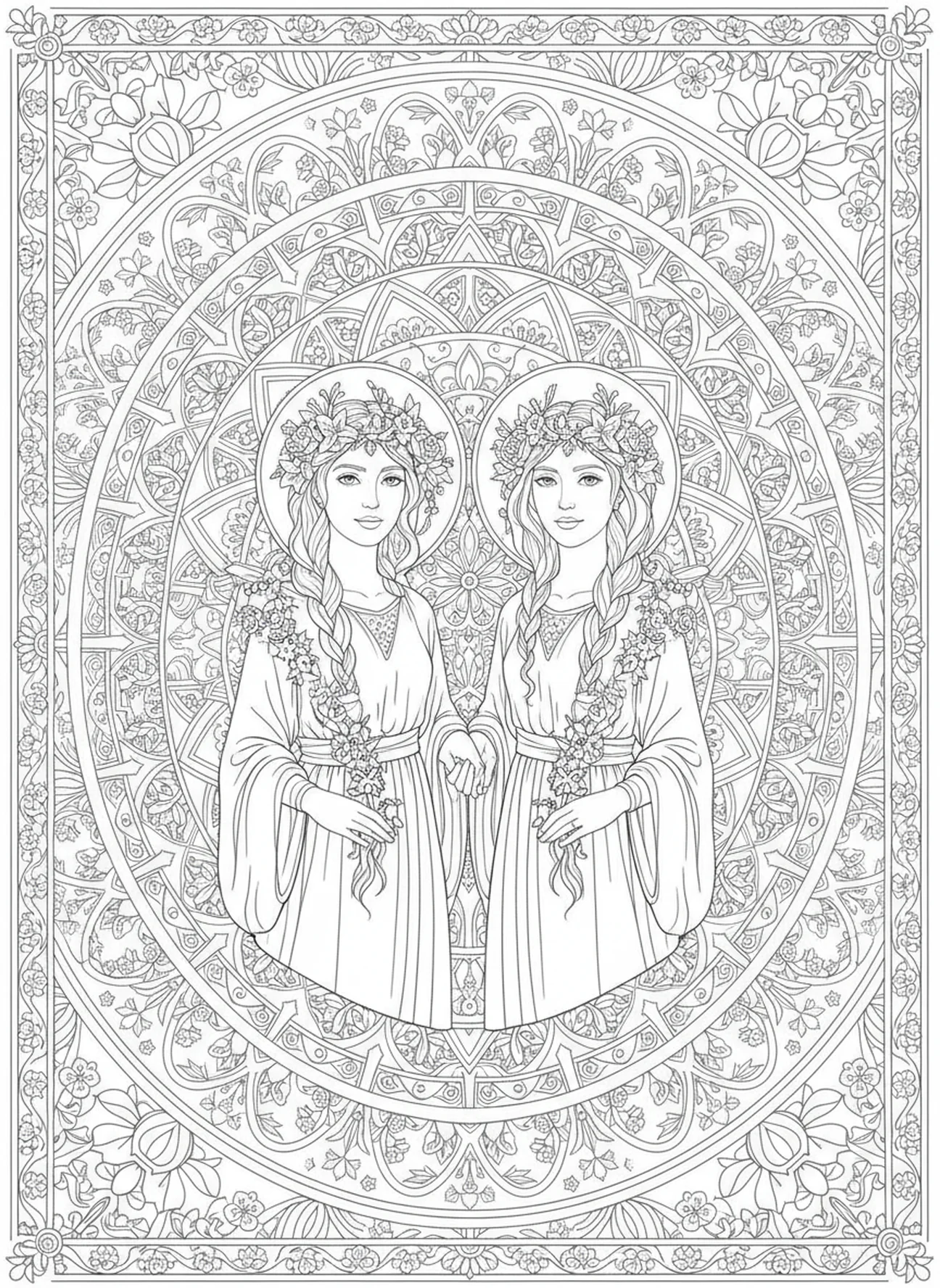 Leah und Rahel zusammen, Leah Ausmalbild für Erwachsene im Bibel-Journaling-Stil.
