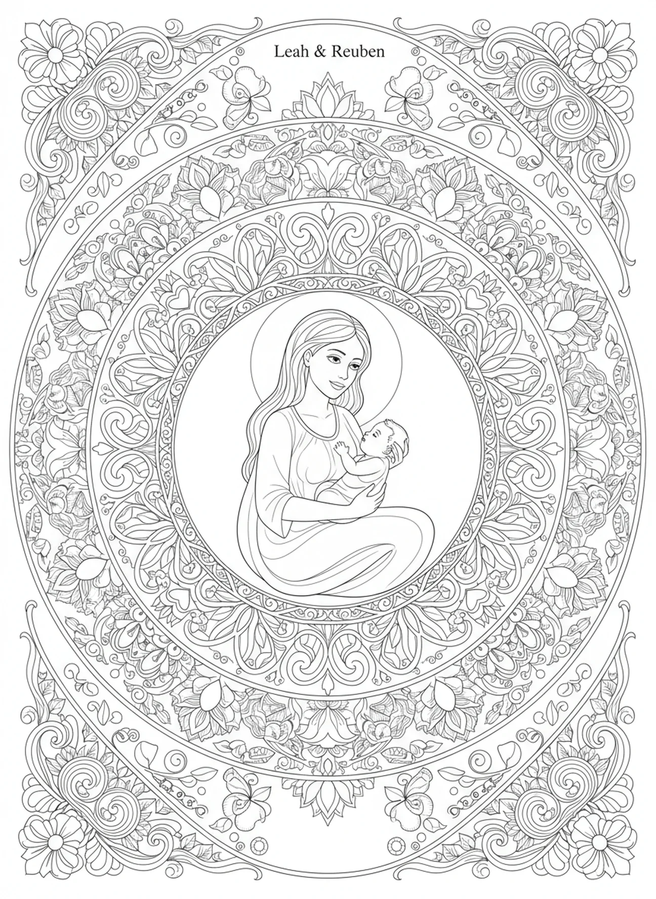 Lea bringt Ruben zur Welt, Ausmalbild für Erwachsene im Stil des Bibel-Journaling.
